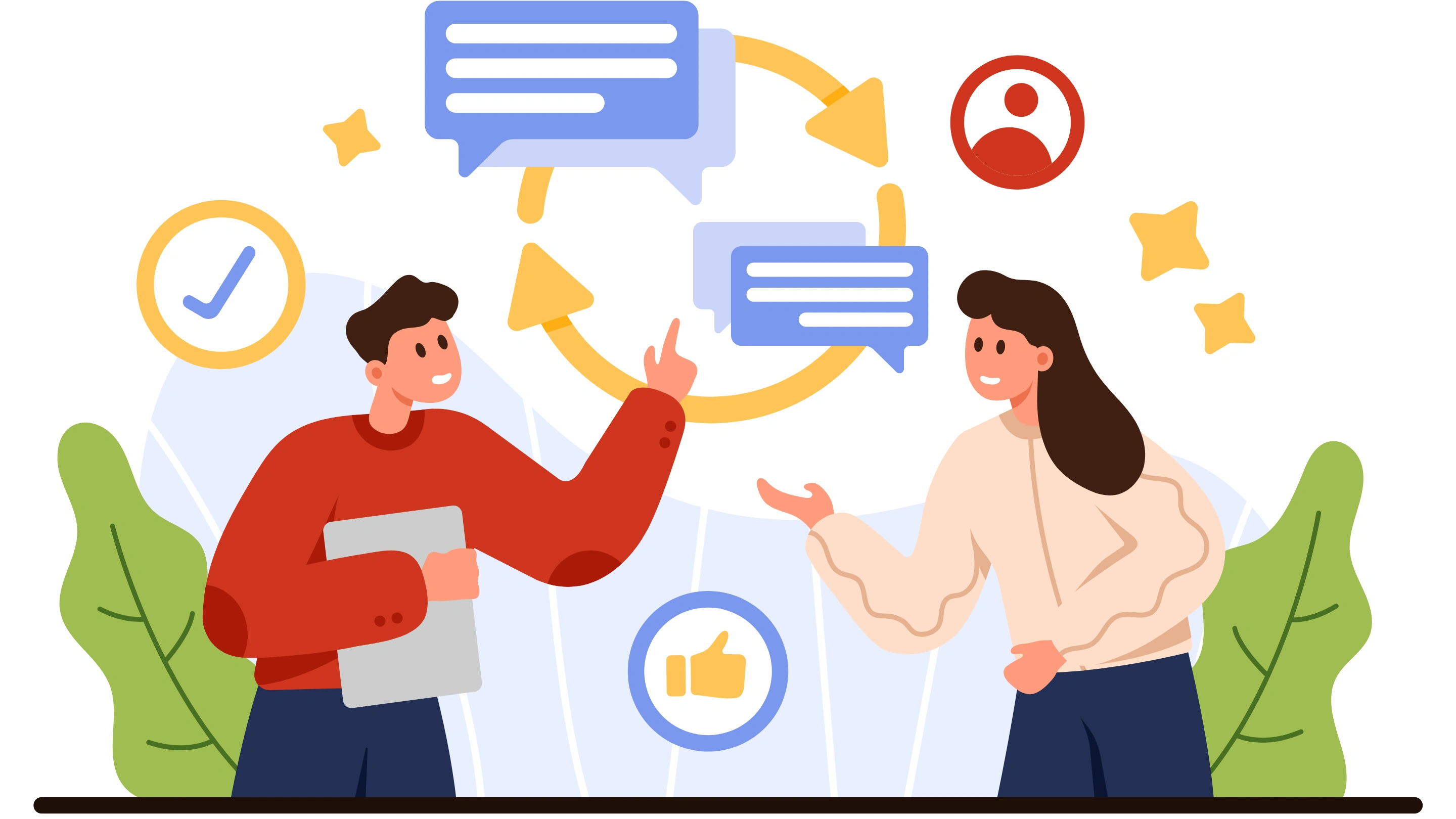 A flat-style illustration of two people engaged in a discussion, surrounded by speech bubbles, a refresh arrow symbol, a checkmark, and a thumbs-up icon, representing a continuous loop of public audience conversations and social listening feedback.
