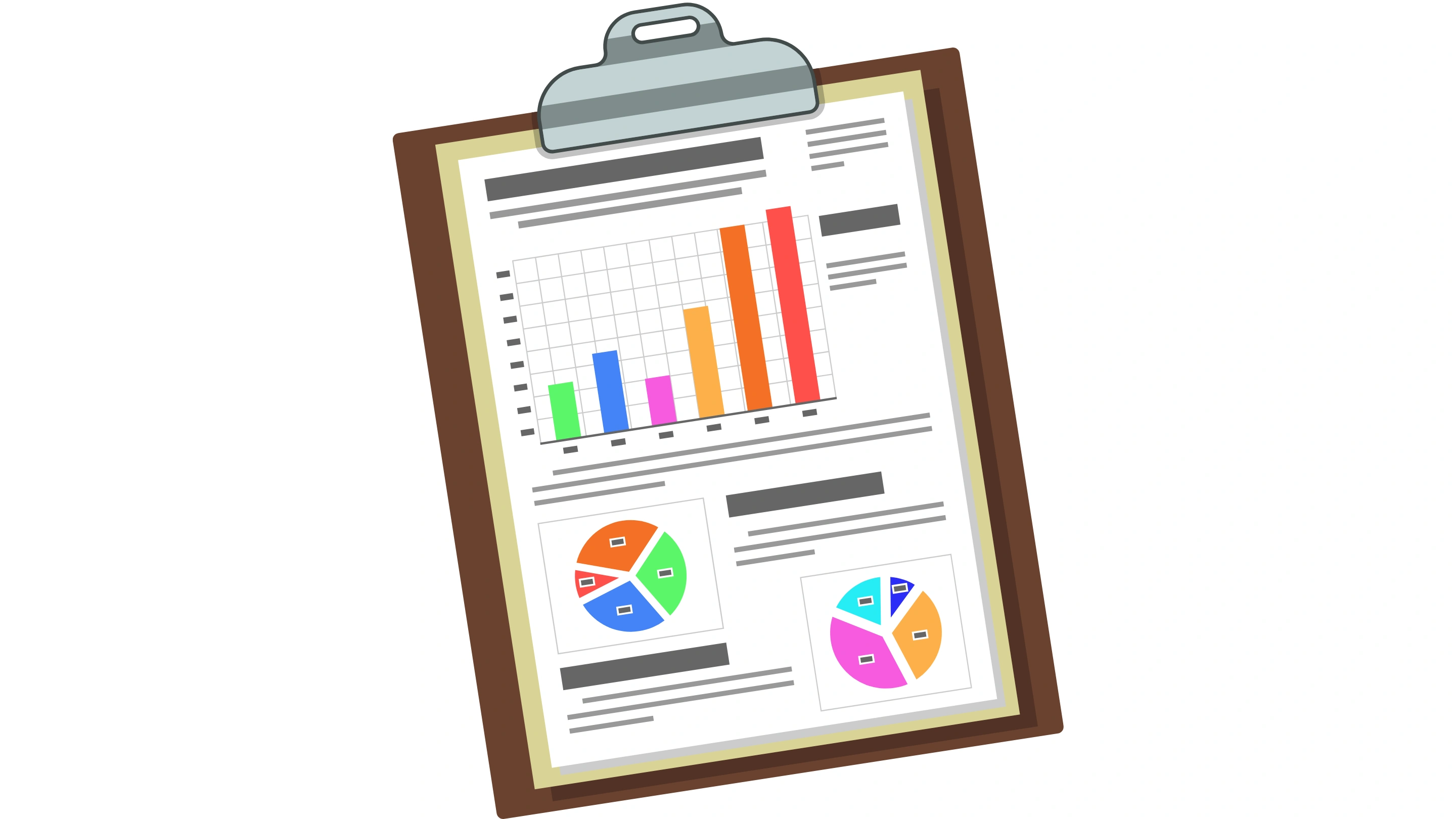 A professional illustration of a clipboard containing a data report with colorful bar charts and pie charts, representing the transition from raw social data to organized market intelligence and campaign performance metrics.
