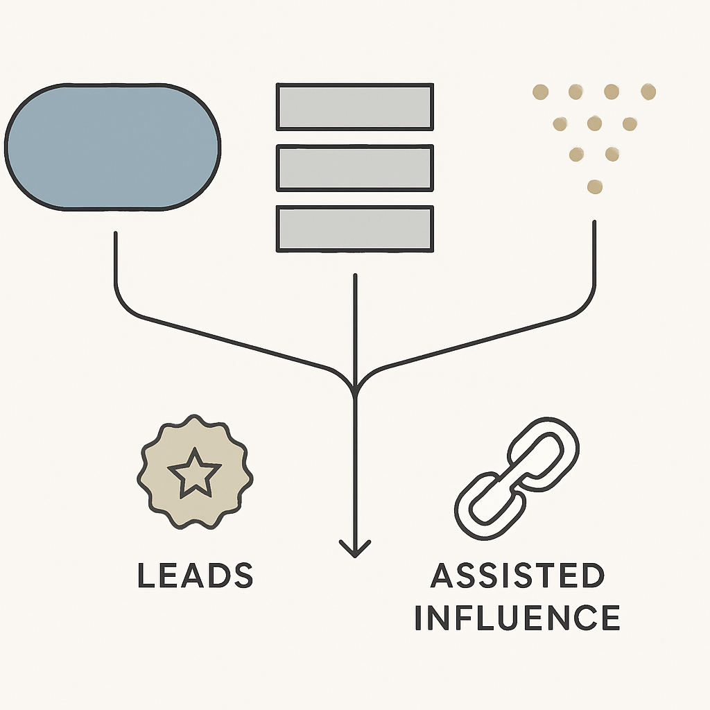 Three separate columns of shapes feeding into two outcome icons at the bottom, with one column shown as a thinner stream of dots