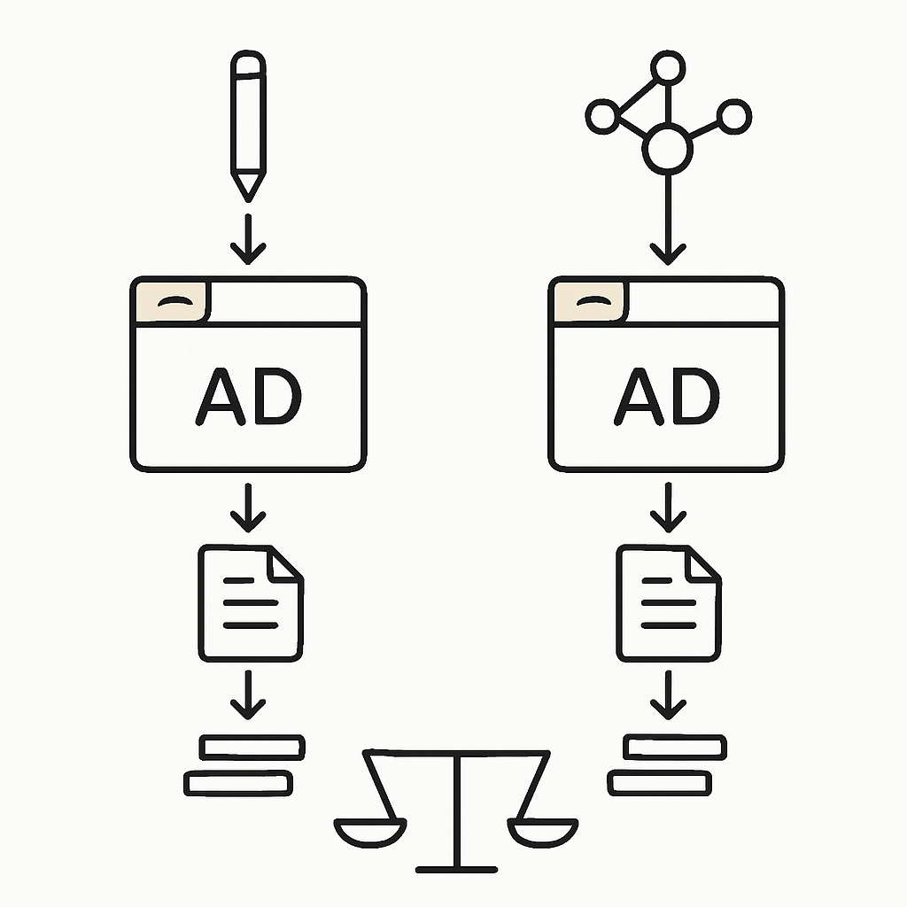 Two side-by-side ad variants with shared constants feeding into a comparison symbol