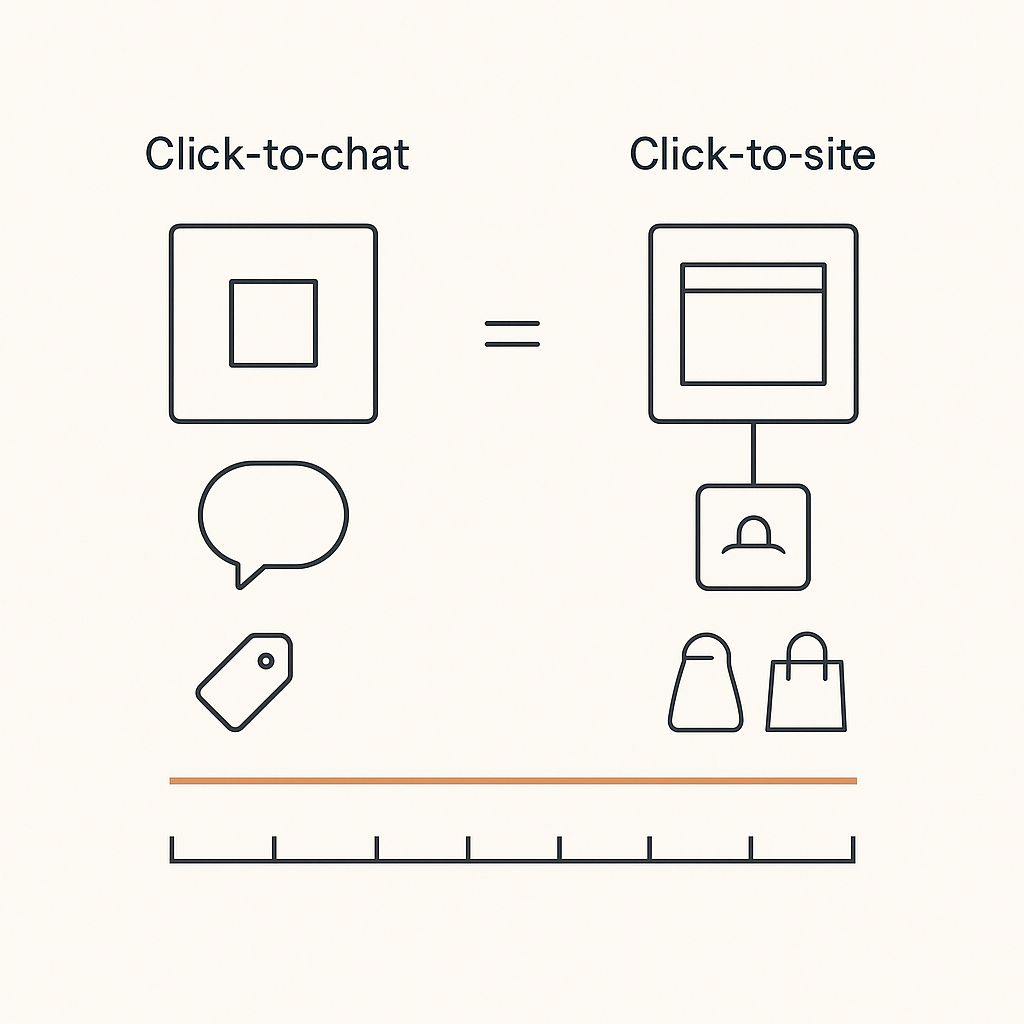Two parallel funnels showing ad to chat versus ad to web page, each ending in the same lead and purchase outcomes.