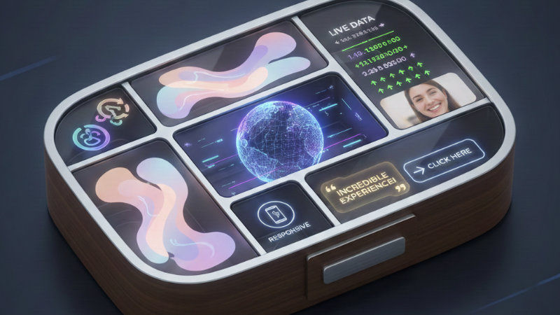 A bento box shaped monitor with various information on it