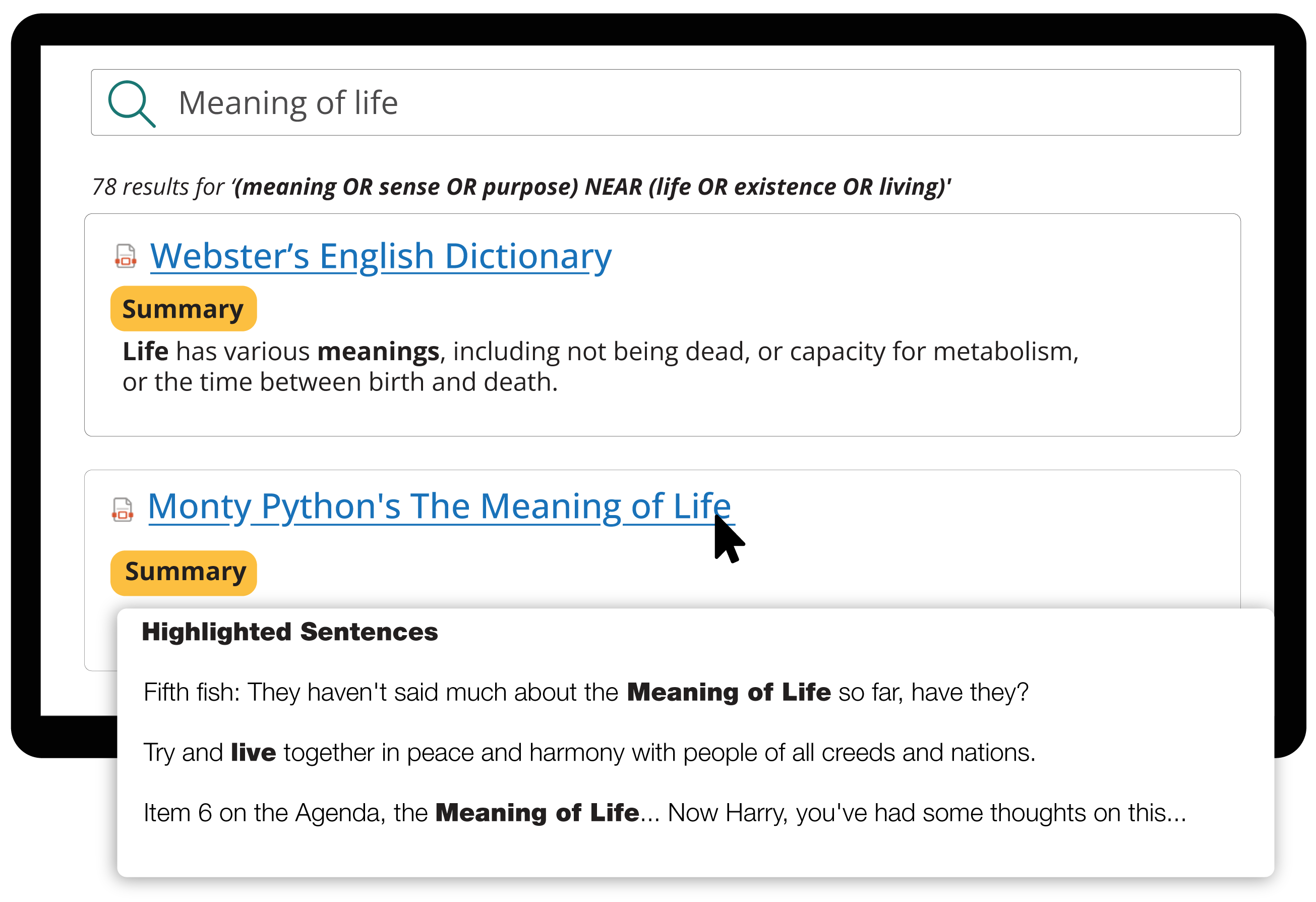 PointFire Search Summarizer interface showing a SharePoint search with AI-generated relevance summaries for each result, helping users quickly find the right documents.