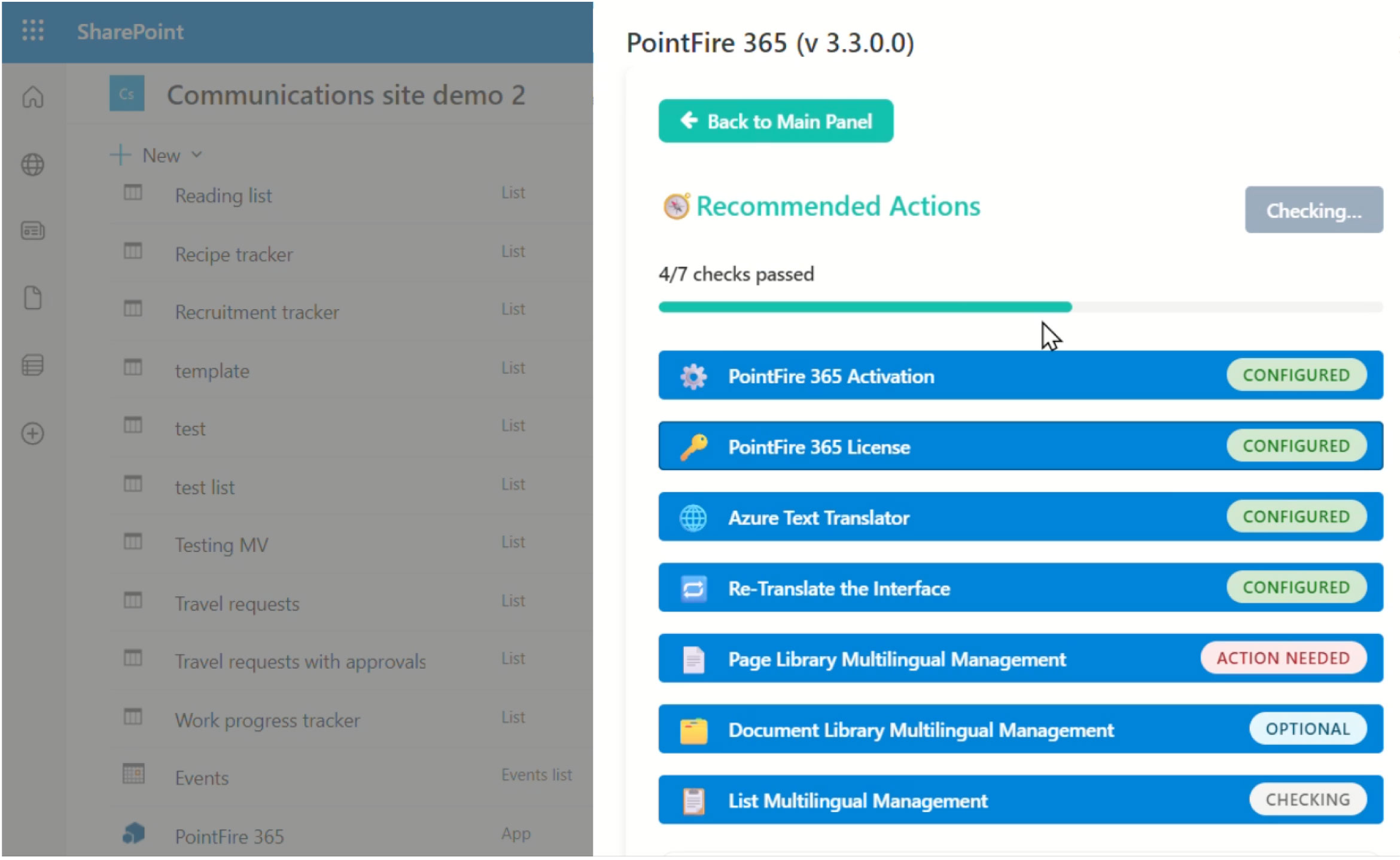 SharePoint communications site demo  showing a library on the left; PointFire 365 Recommended Actions dashboard on the right showing 4 of 7 checks passed with status buttons for activation, license, translator configured, one action needed, and others optional or checking.