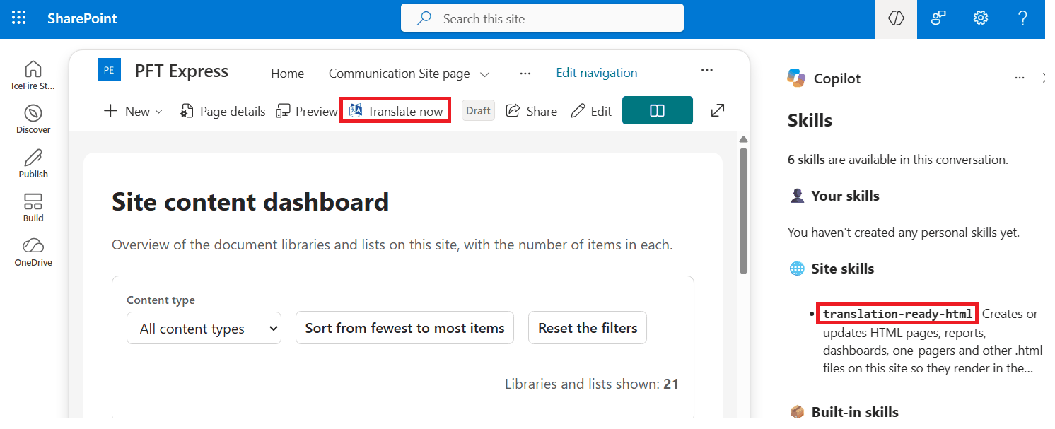 HTML page in translatable format in English, and redirection to the French version of the page.