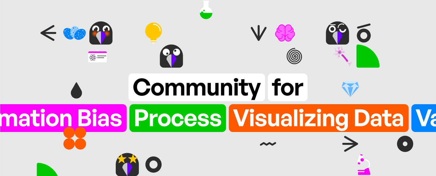 Colorful text boxes on a gray background littered with cartoon ravens read "Community for checking confirmation bias / process / visualizing data"