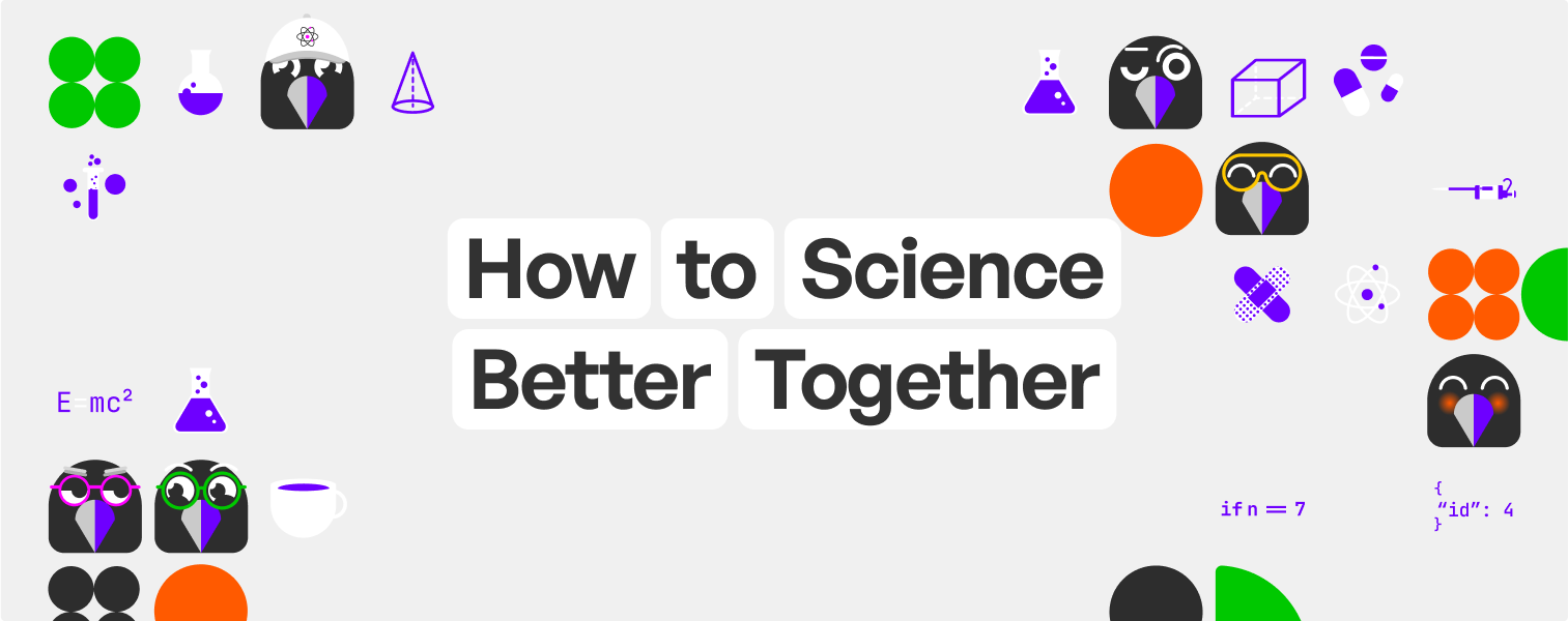 Five text boxes on a gray background littered with cartoon ravens read "How to science better together."