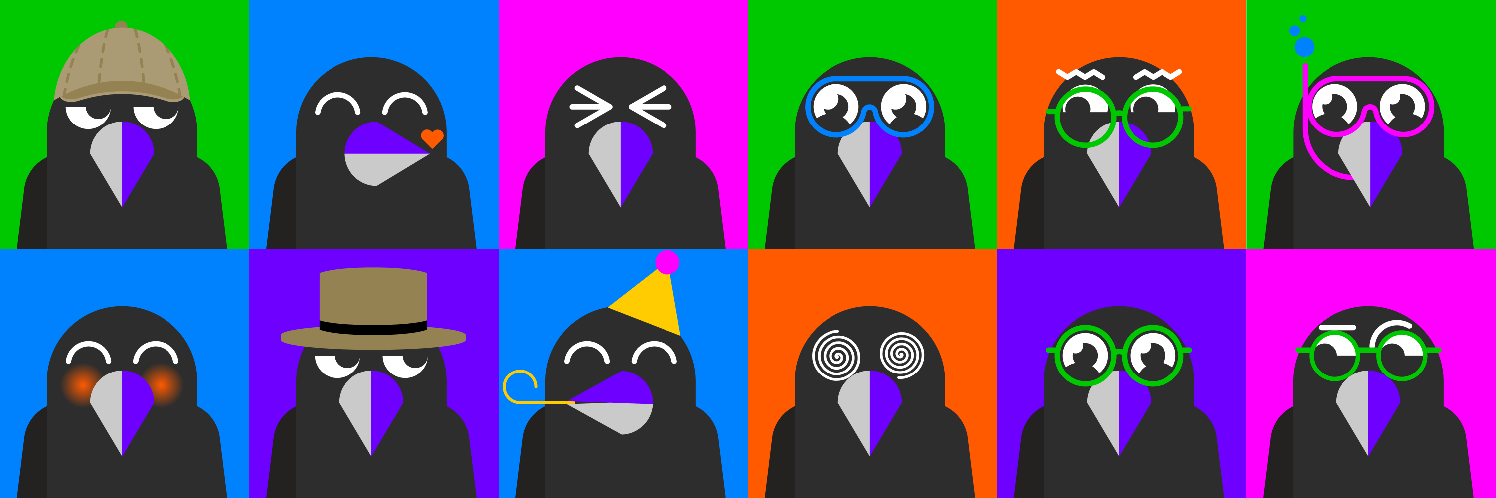 A grid of cartoon ravens on a colorful background. Check out our blog article about our mascot, the Rigorous Raven.