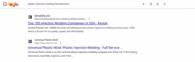 image demonstrates organic search rankings for the term “plastic injection molding manufacturer