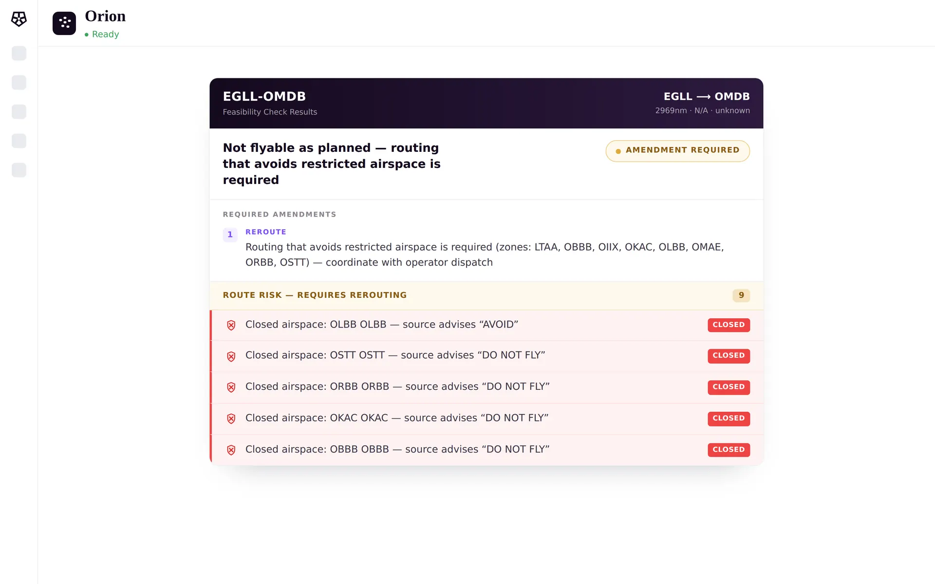A feasibility card for London Heathrow to Dubai showing the route is not flyable as planned, with a required reroute and nine closed-airspace warnings.