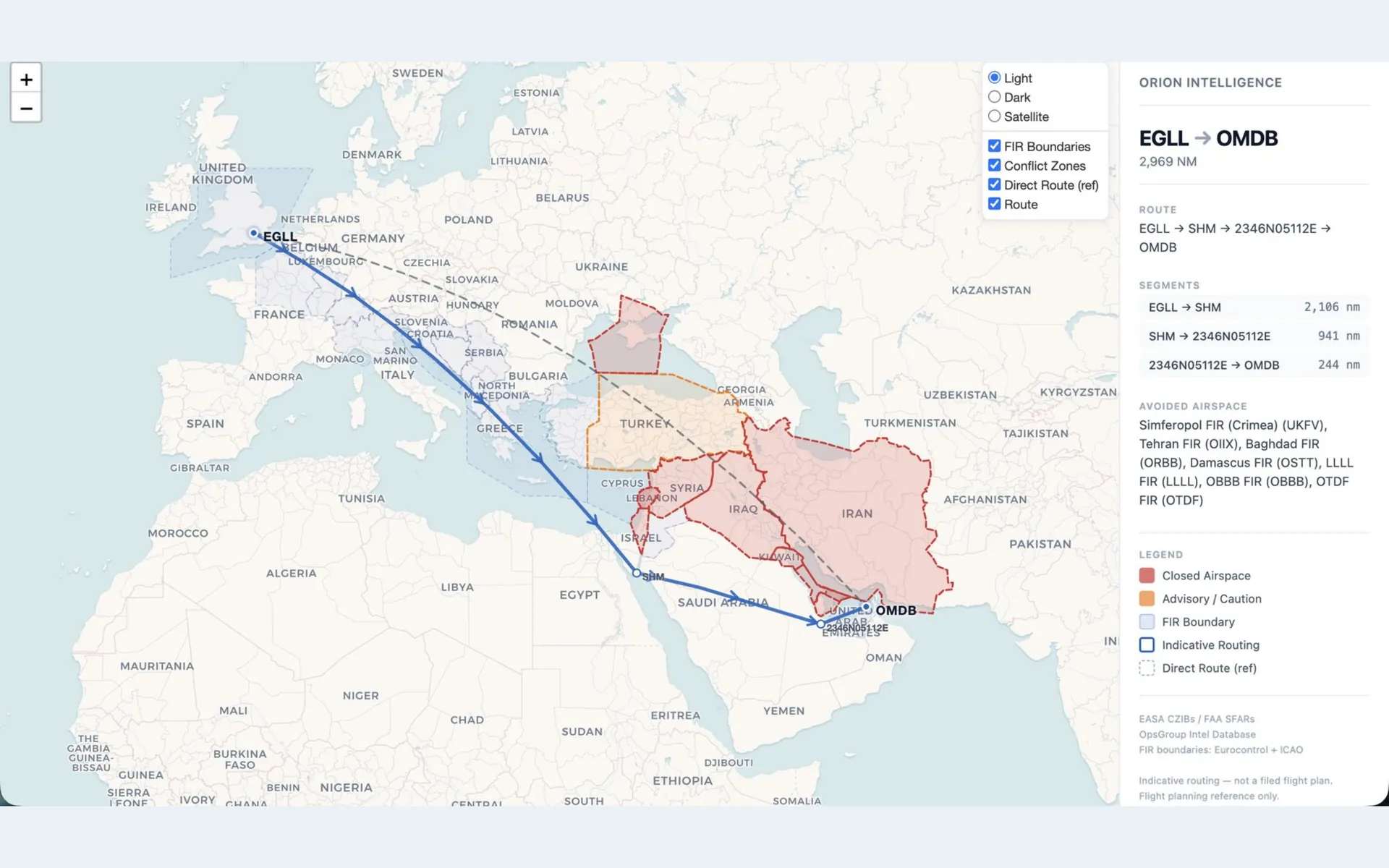 A great-circle route map showing flight information regions and the conflict zones the routing avoids.