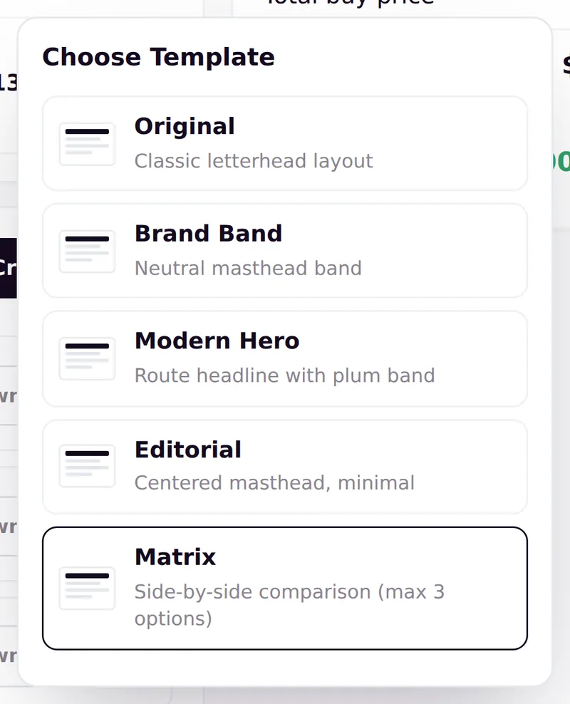 The quote template picker offering Original, Brand Band, Modern Hero, Editorial and Matrix layouts.