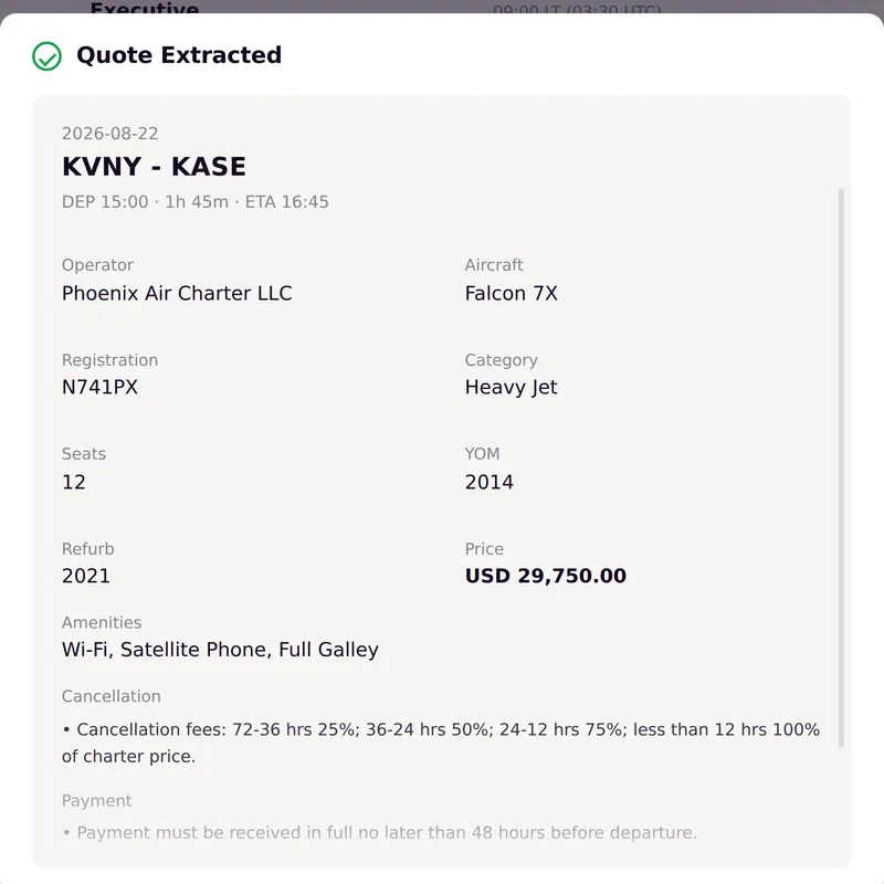 Orion extracting an operator quote from a PDF: route, aircraft, registration, seats, year of make, price, amenities and cancellation terms read straight onto the trip.
