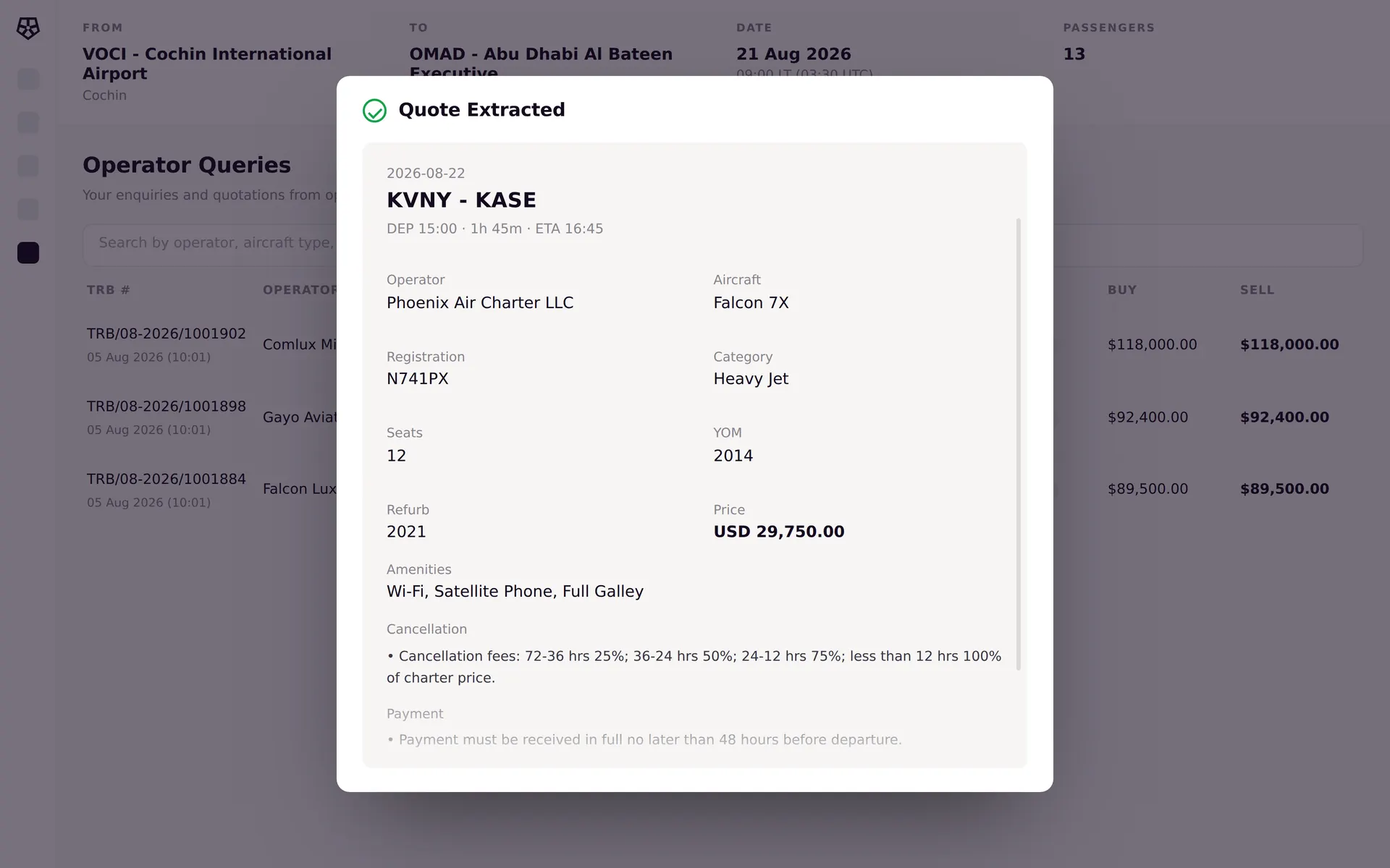 Orion extracting an operator quote from a PDF: route, aircraft, registration, seats, year of make, price, amenities and cancellation terms read straight onto the trip.