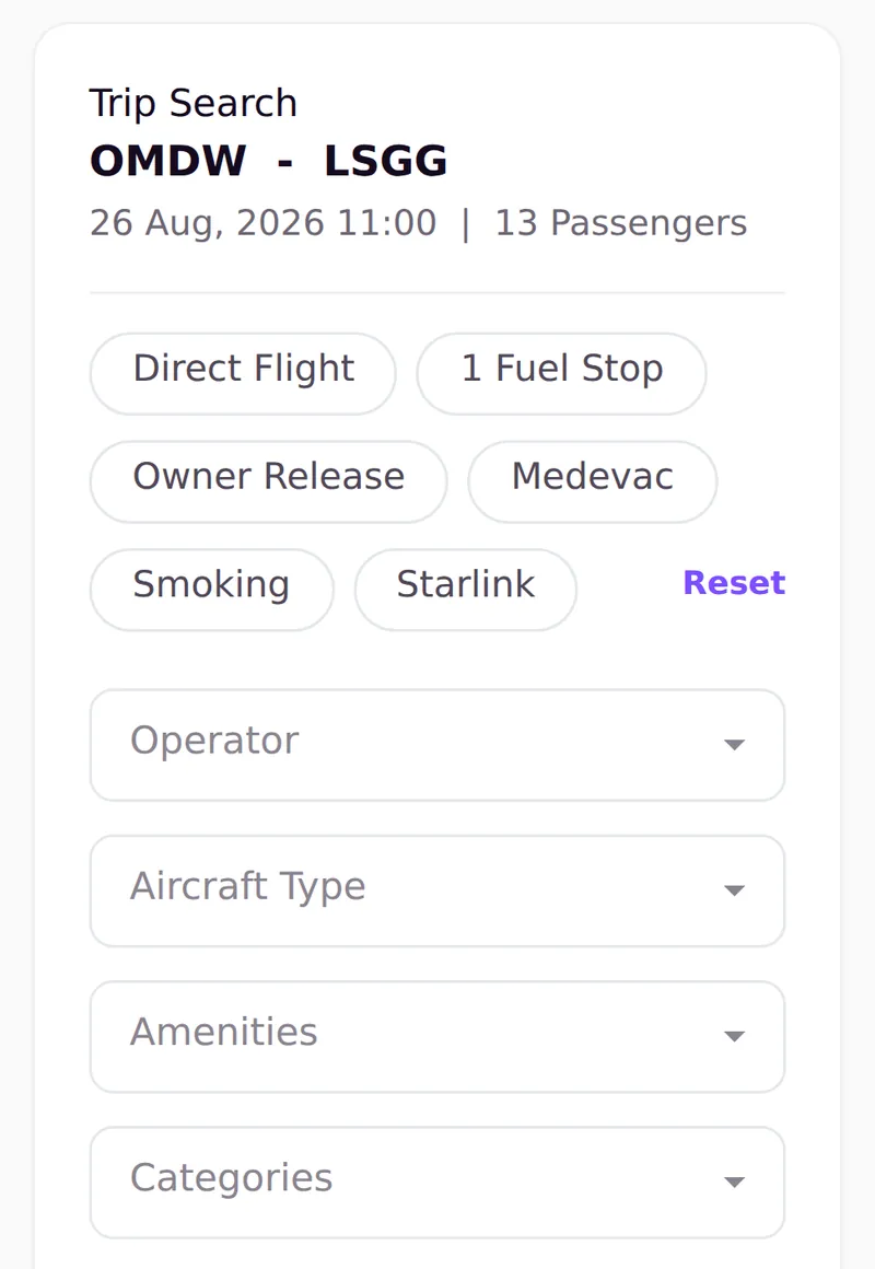 Tribe trip search for Dubai to Geneva, showing filters for direct flights, owner release, Medevac and Starlink alongside a year-of-make distribution.