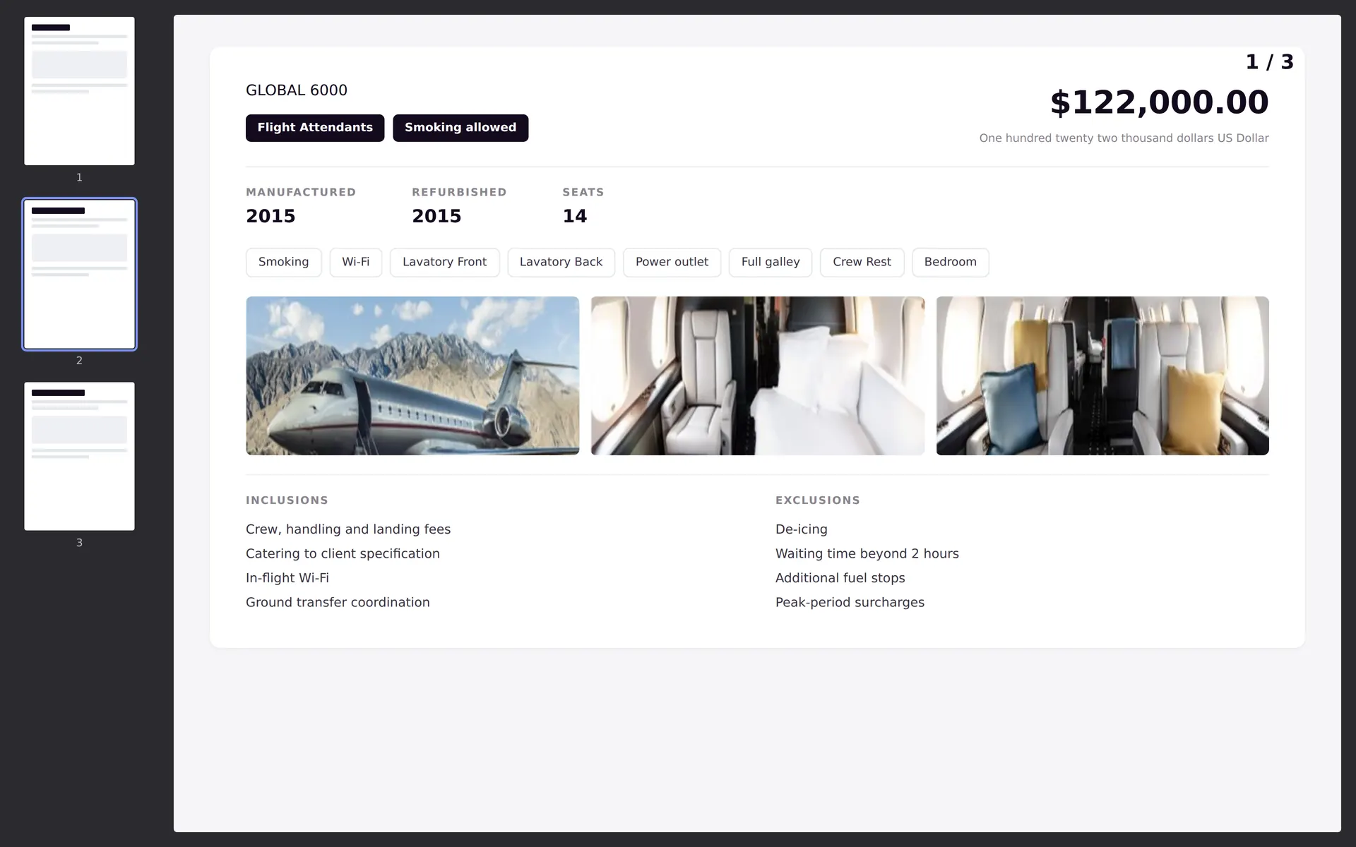 A finished client quote page for a Global 6000 at $122,000, with cabin photographs, amenities, inclusions and exclusions.