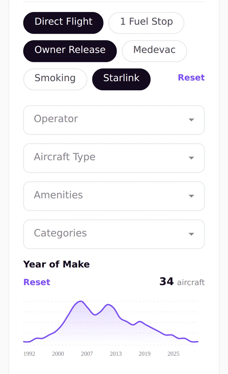 The same search filtered down to 34 aircraft using operator, aircraft type, amenity and category filters.