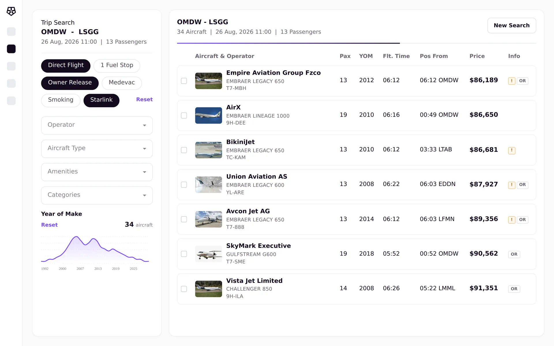 The same search filtered down to 34 aircraft using operator, aircraft type, amenity and category filters.
