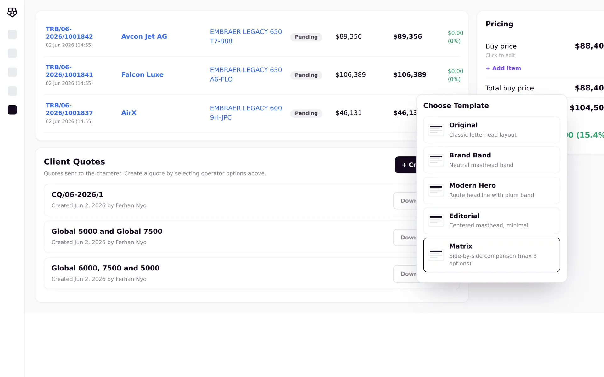 The quote template picker offering Original, Brand Band, Modern Hero, Editorial and Matrix layouts.