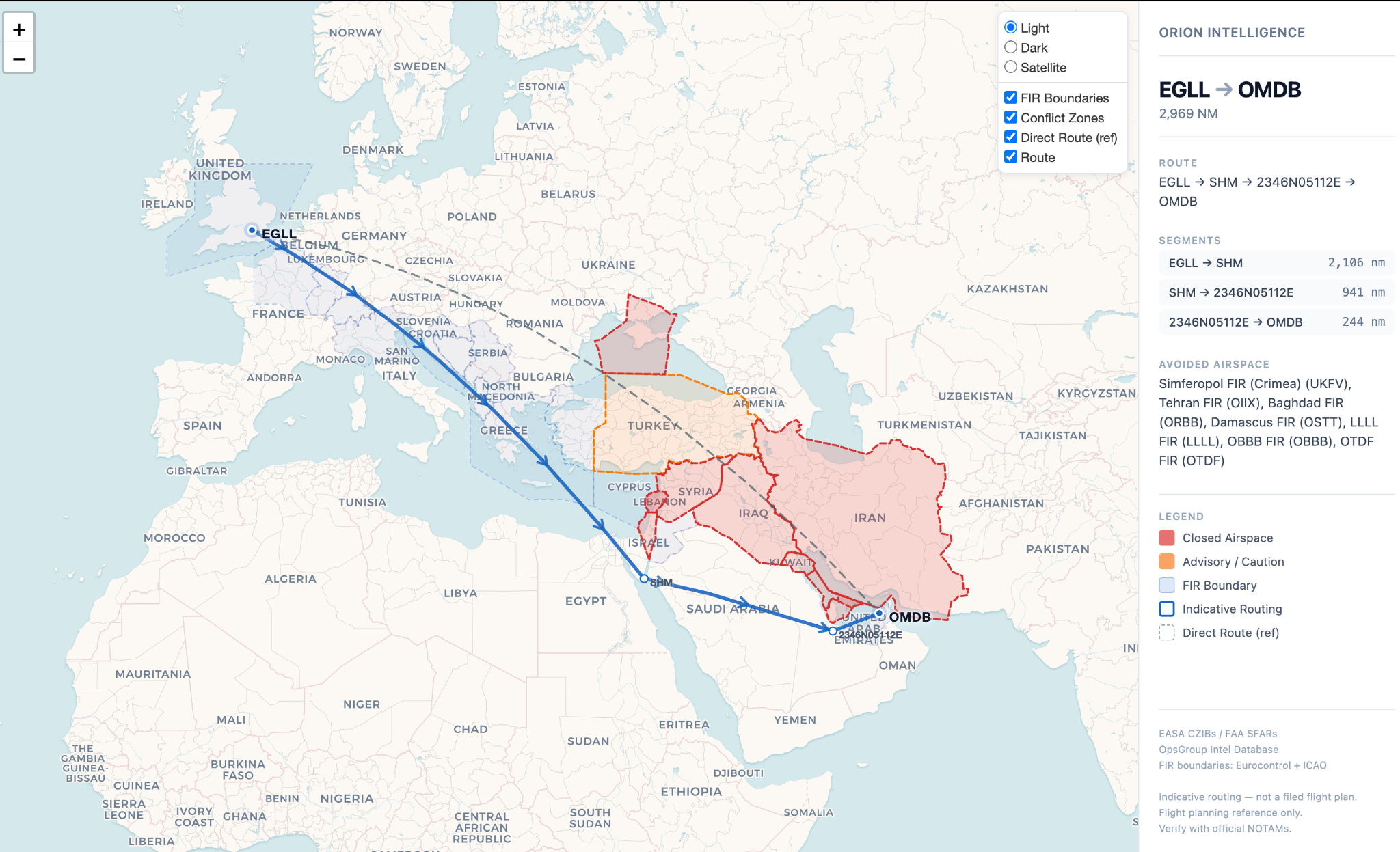 Orion by Tribe showing a route avoiding closed airspace from London to Dubai on a Private Jet