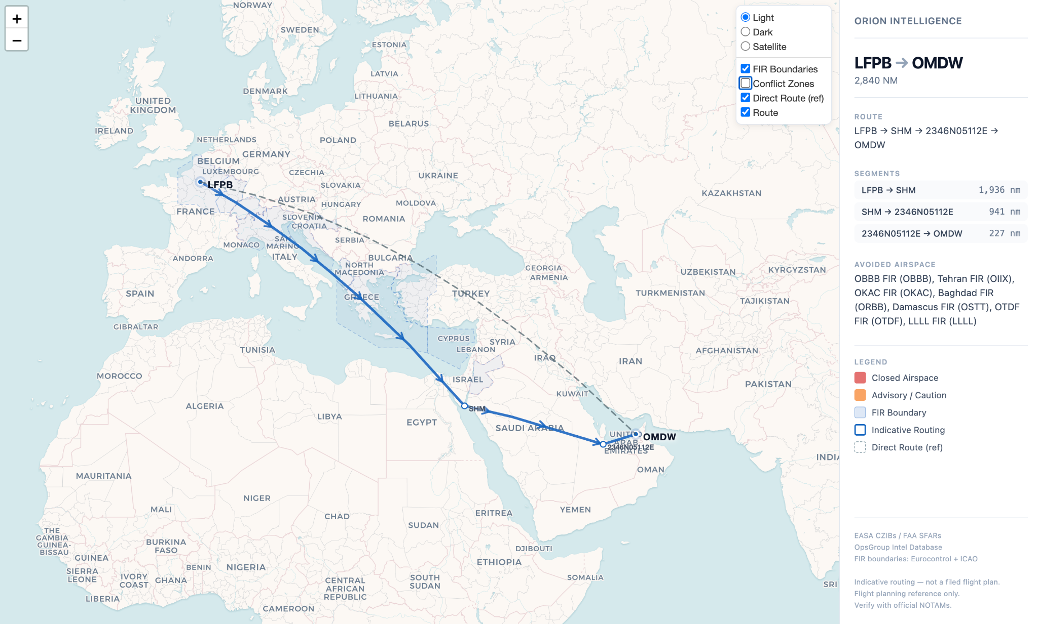 Orion by Tribe AI Aviation Intelligence showing a route from Paris to Dubai. 