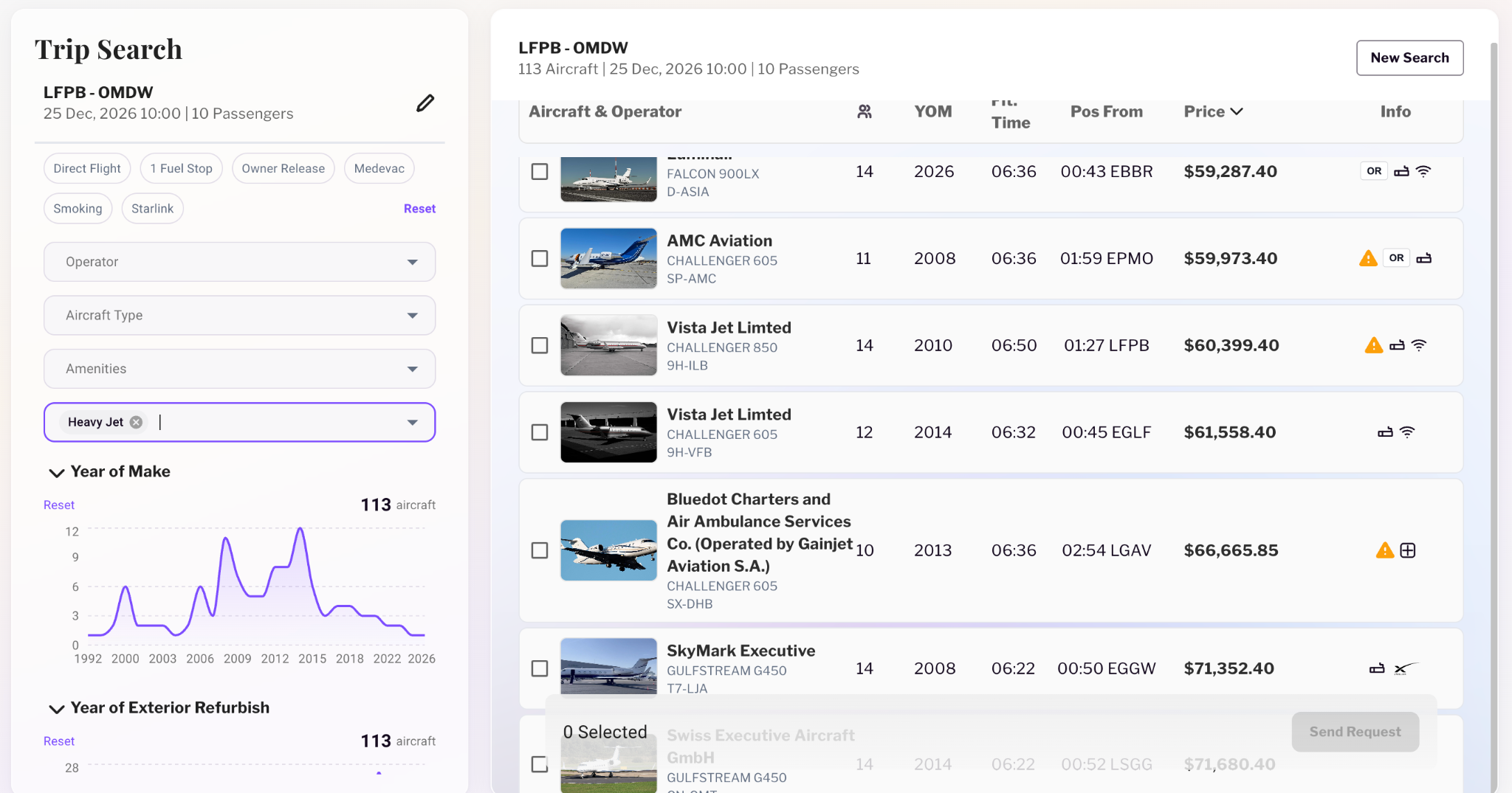 Tribe marketplace app interface showing private jet charter search results from Paris Le-Bourget to Dubai Al Maktoum.