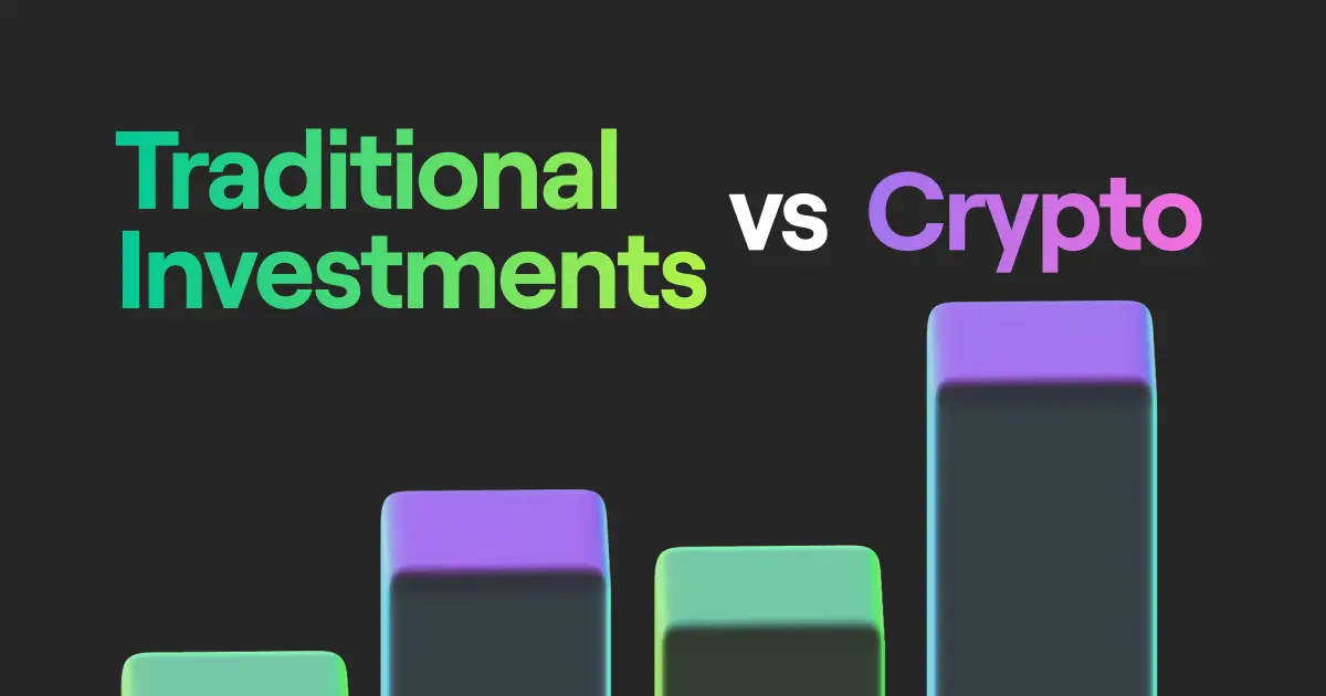 A holographic chart comparing crypto and traditional investments, over a dark background