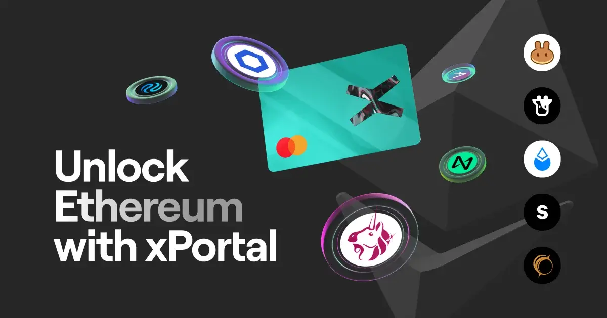 The Fresh Mint xPortal card together with ERC20 tokens and ETH dApps over a black background
