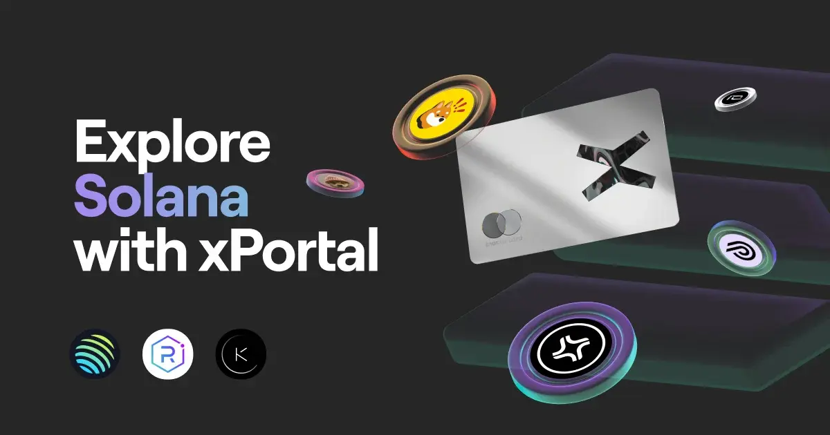 An xPortal metal card, spl tokens and sol dapps over a black background