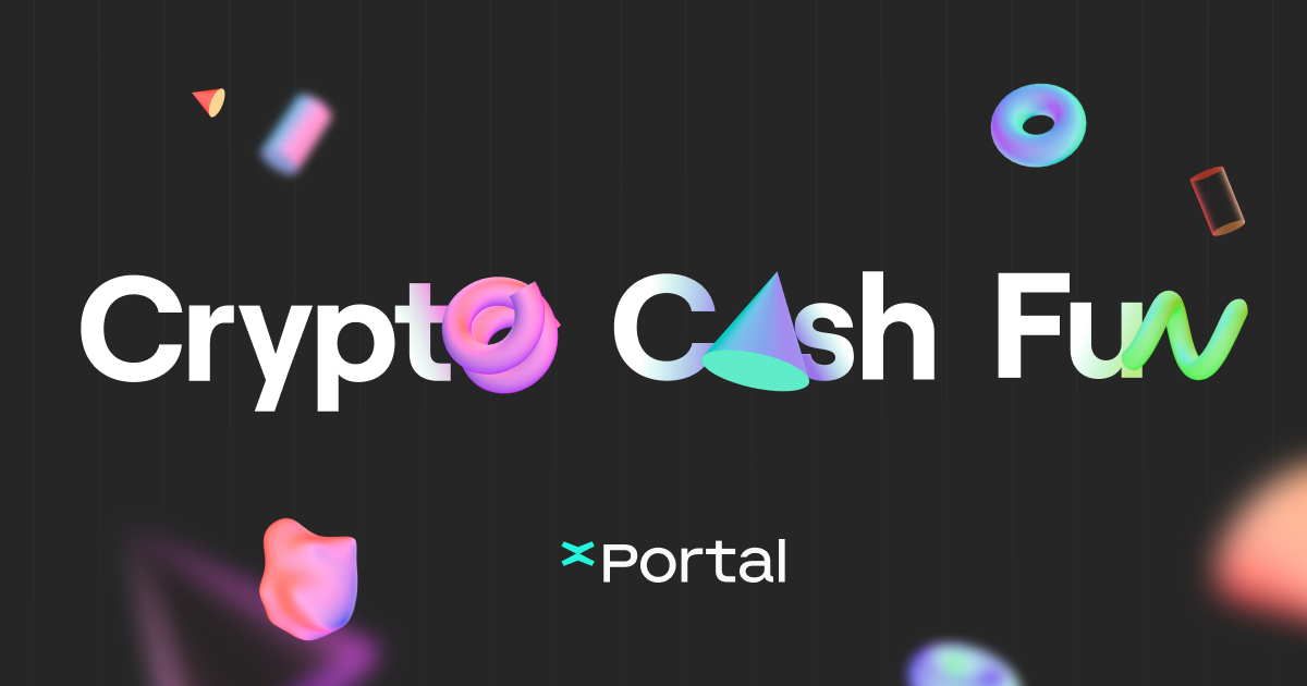 The words 'crypto', 'cash' and 'fun' over a black background with 3d objects