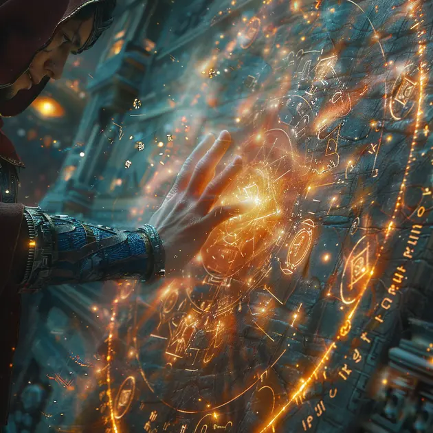 A hand hovering over symbols made of light, casting a spell
