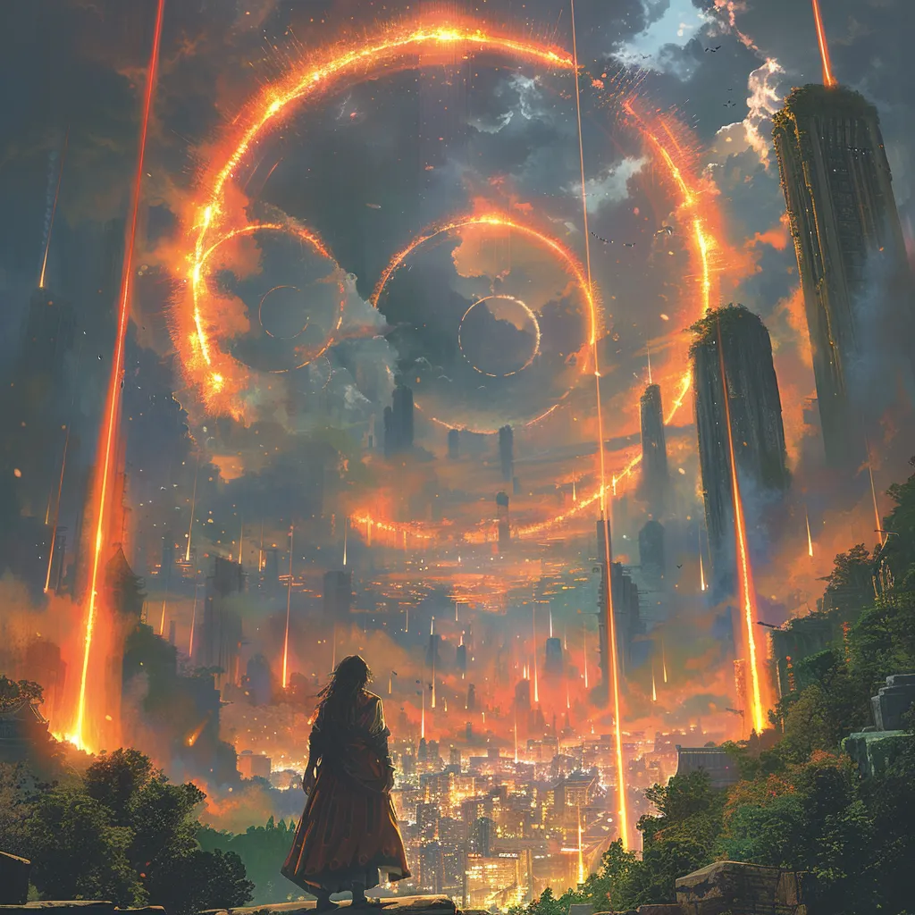 Person looking over a futuristic city and a sky full of portals