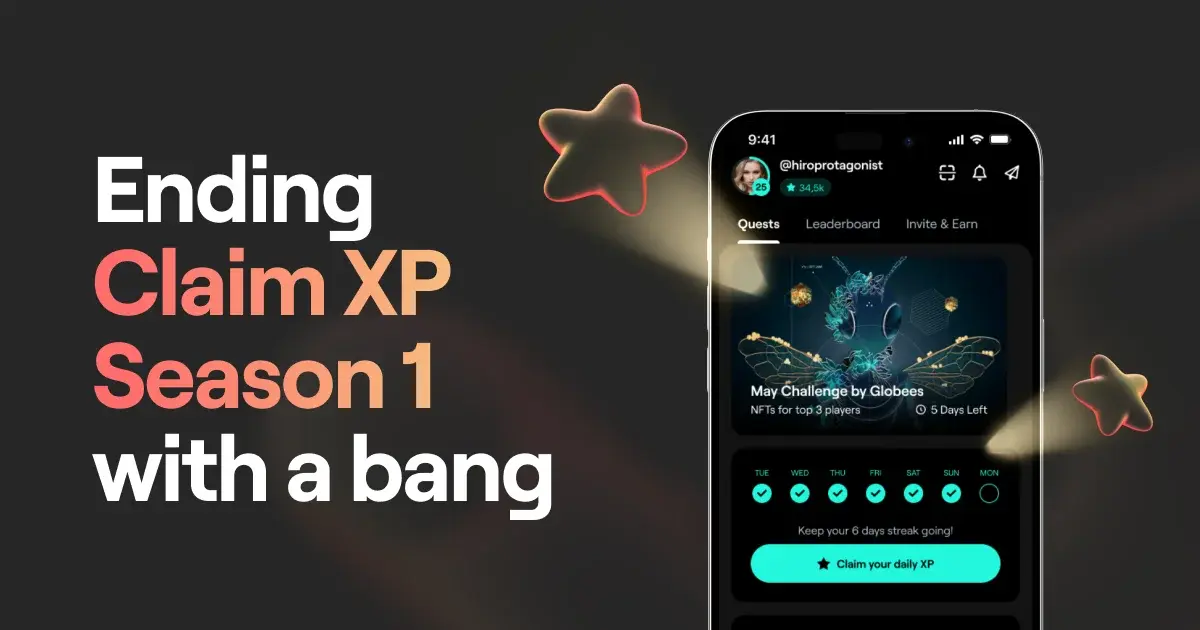 Headline "Ending Claim XP Season 1 with a bang" together with a phone displaying xPortal's Play section and two holo stars flying around.