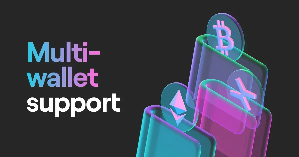 Three holographic cryptocurrencies coming out of three holographic wallets.