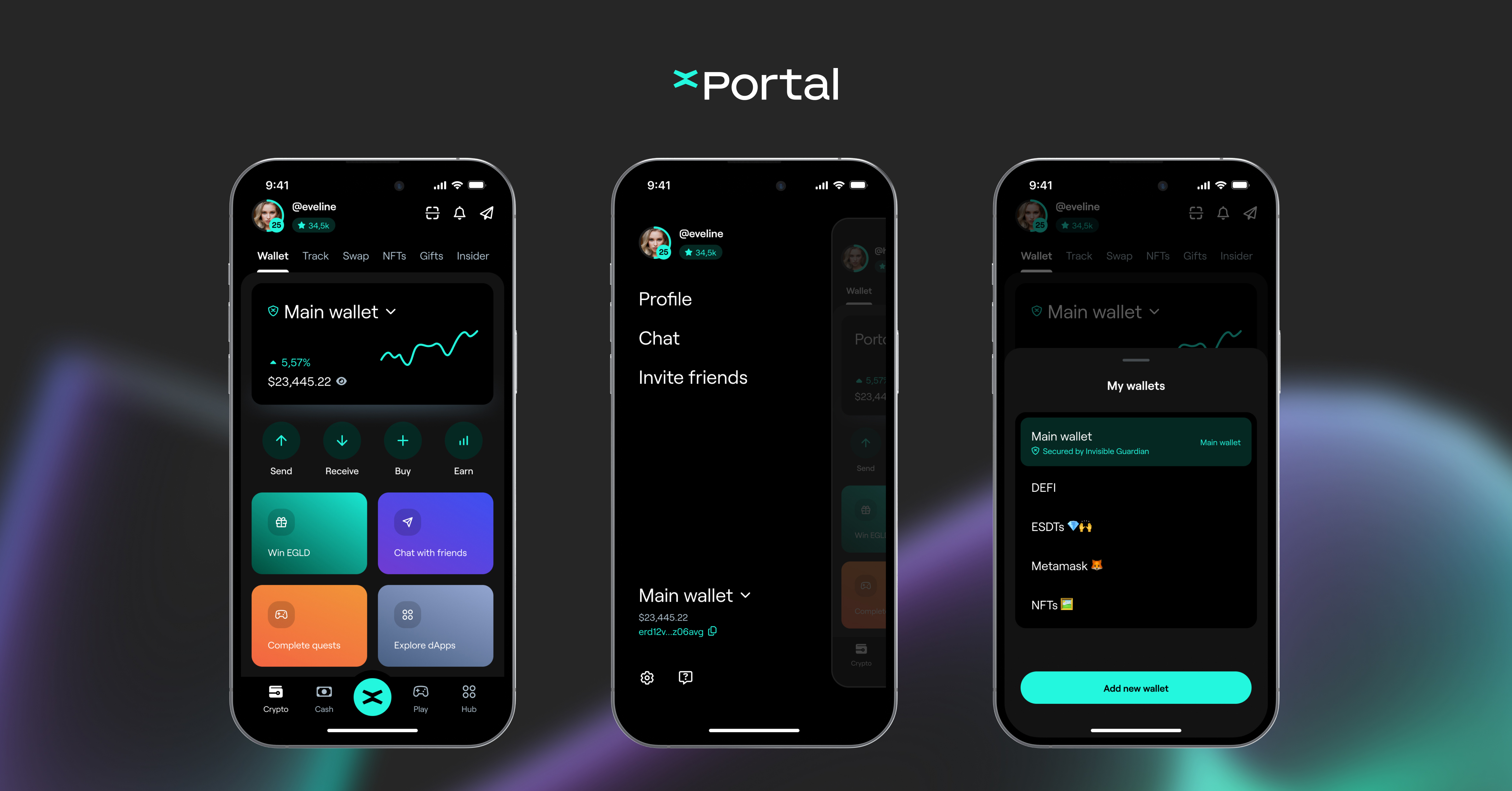 Three phones showing how to use the Multiple Wallets feature