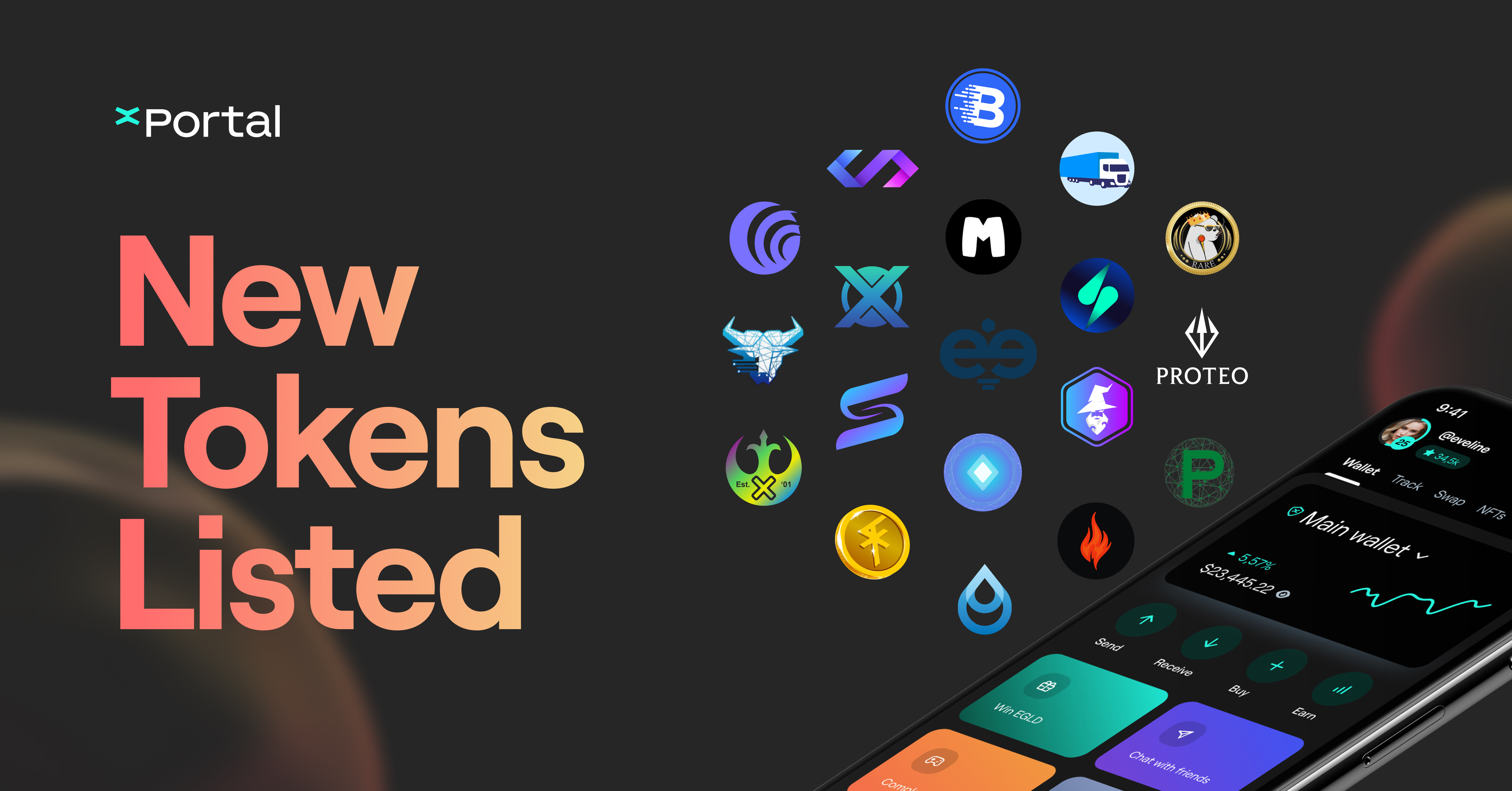 The 19 logos of the 19 ESDT tokens being listed hovering above a phone displaying the xPortal home page.
