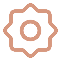 Icon of a gear or cogwheel with eight rounded teeth in light brown color.