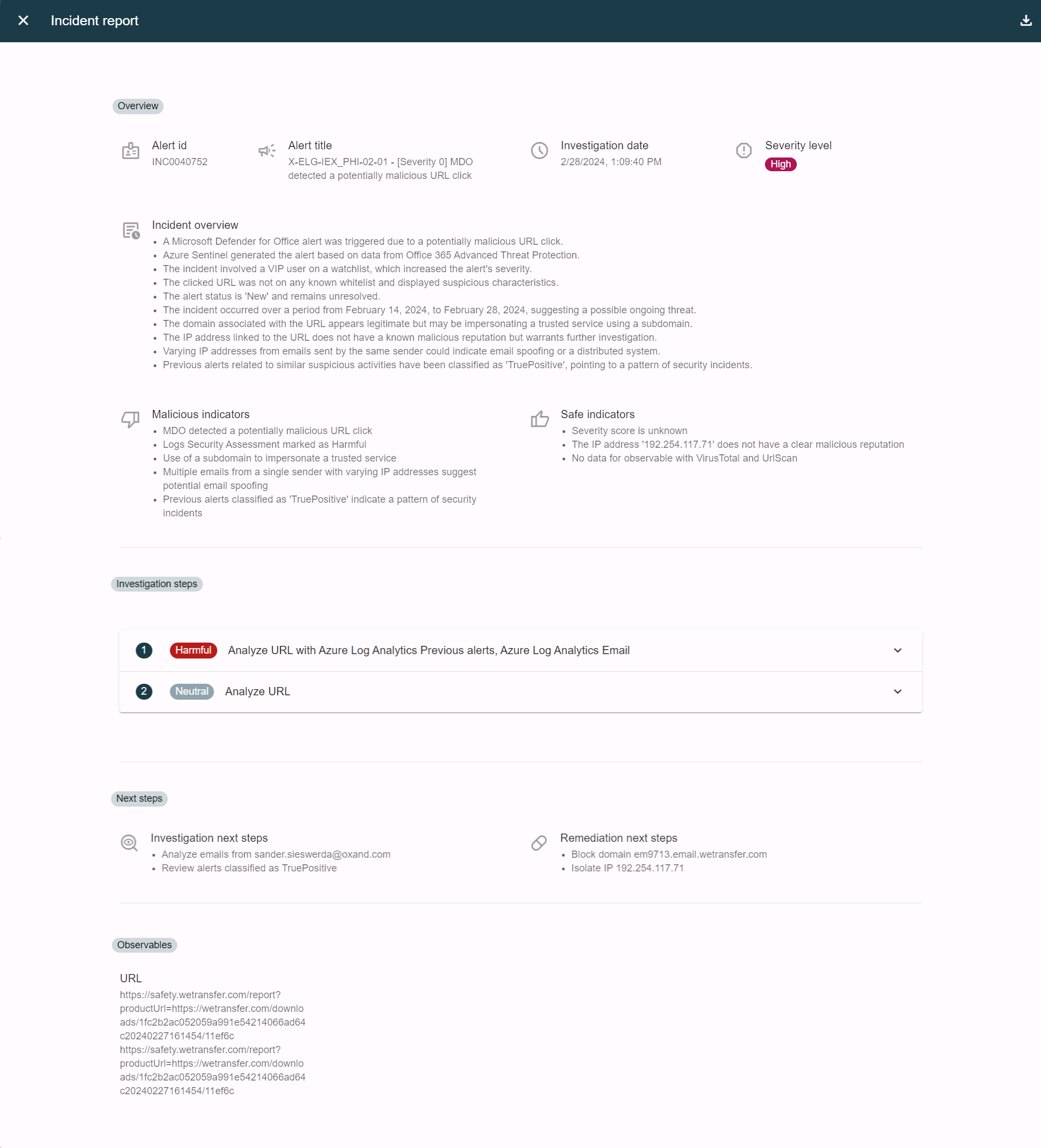 Incident report showing alert details with high severity, including investigation date, incident overview, malicious and safe indicators, investigation steps, next steps, and observables URLs.
