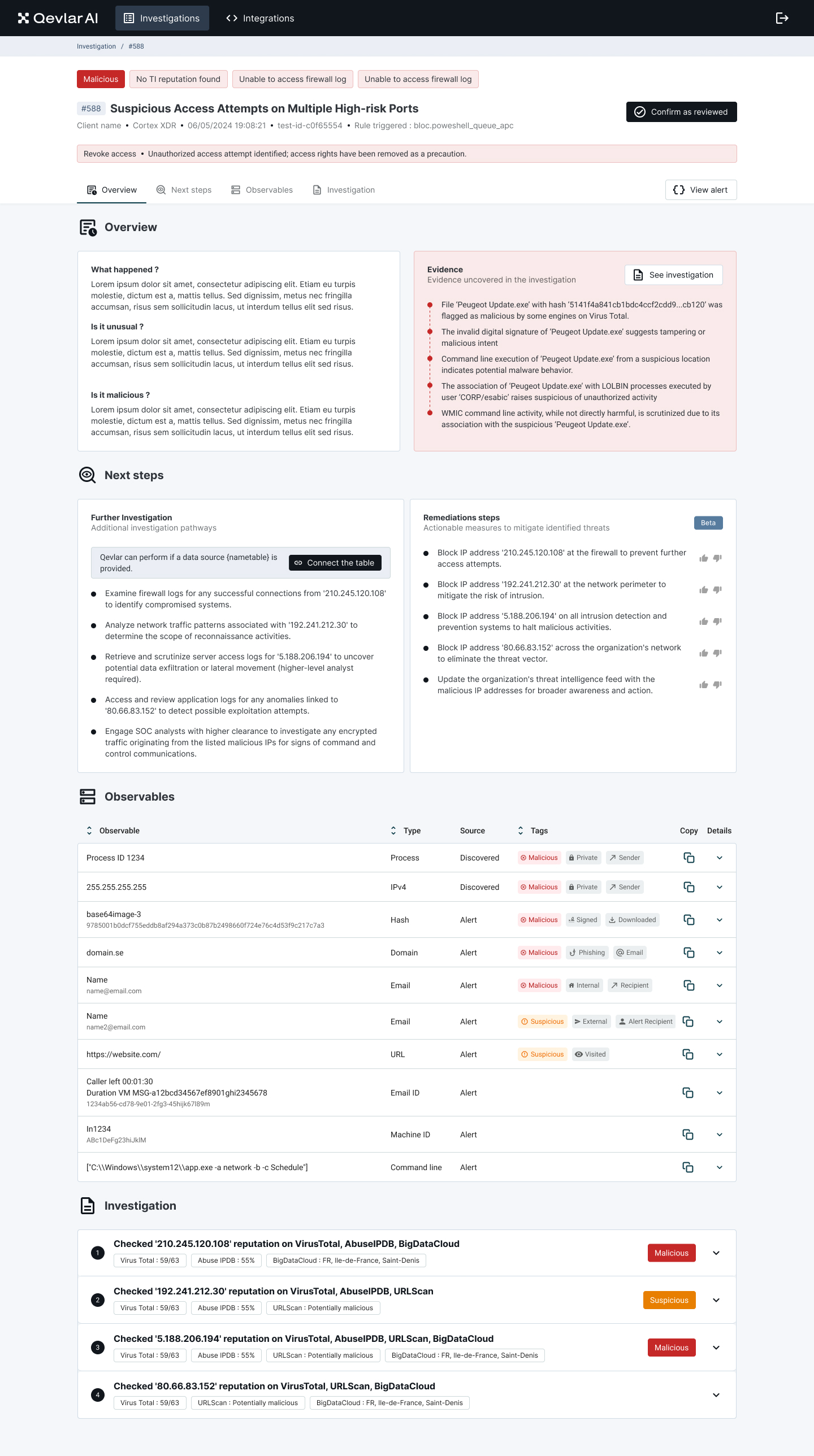 Qevlar AI dashboard showing investigation #588 of suspicious access attempts on multiple high-risk ports with overview, next steps, observables, and investigation sections.