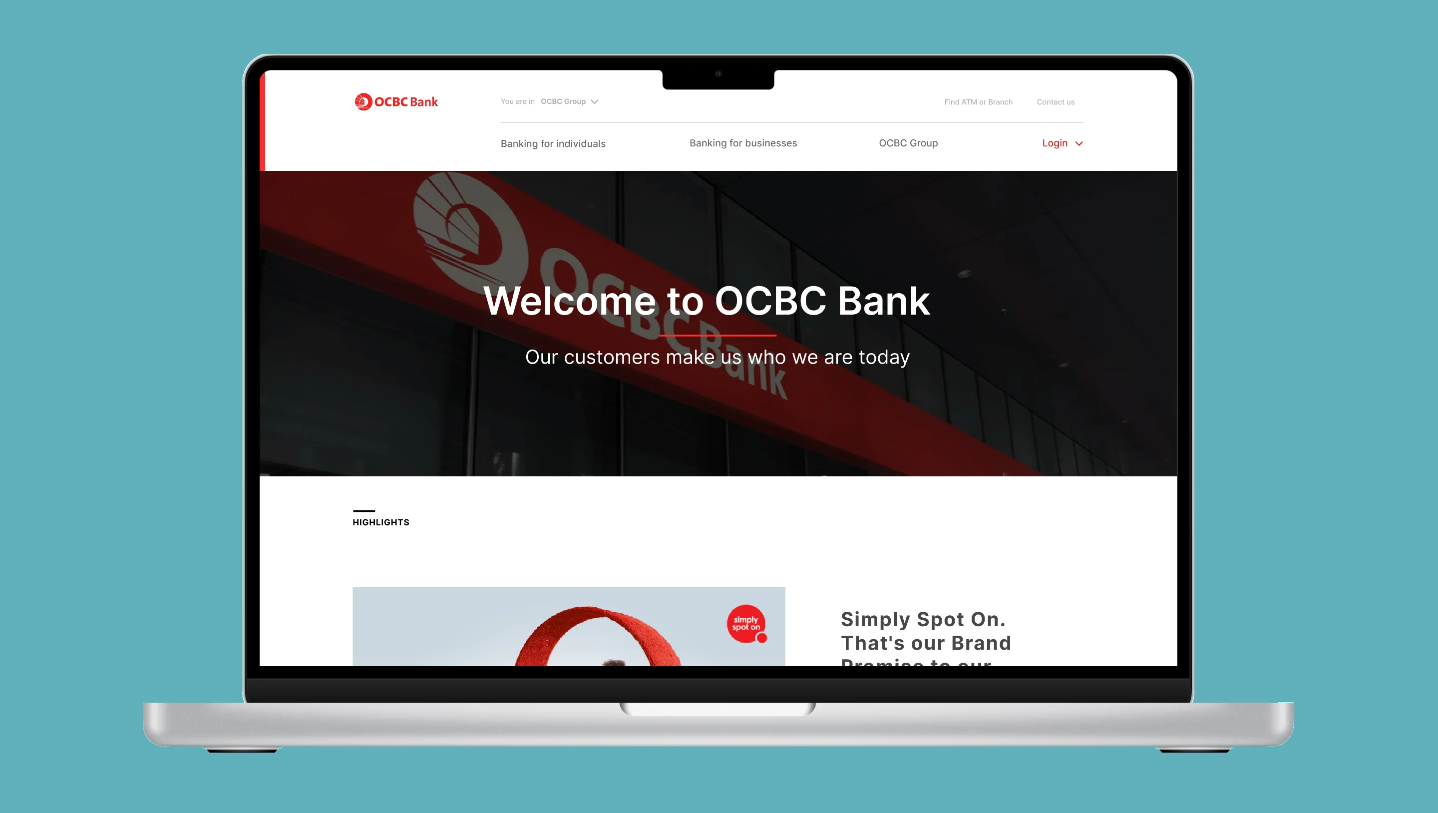 M2 Mac mockup displaying landing page for Singapore's OCBC Bank
