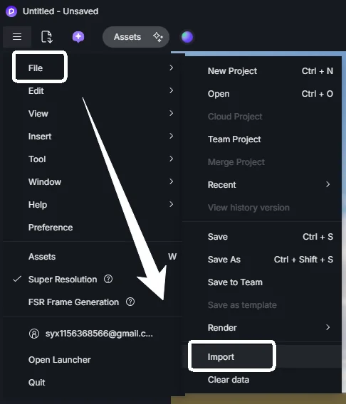 Import entry in the D5 Render File menu, where a new file joins the existing scene