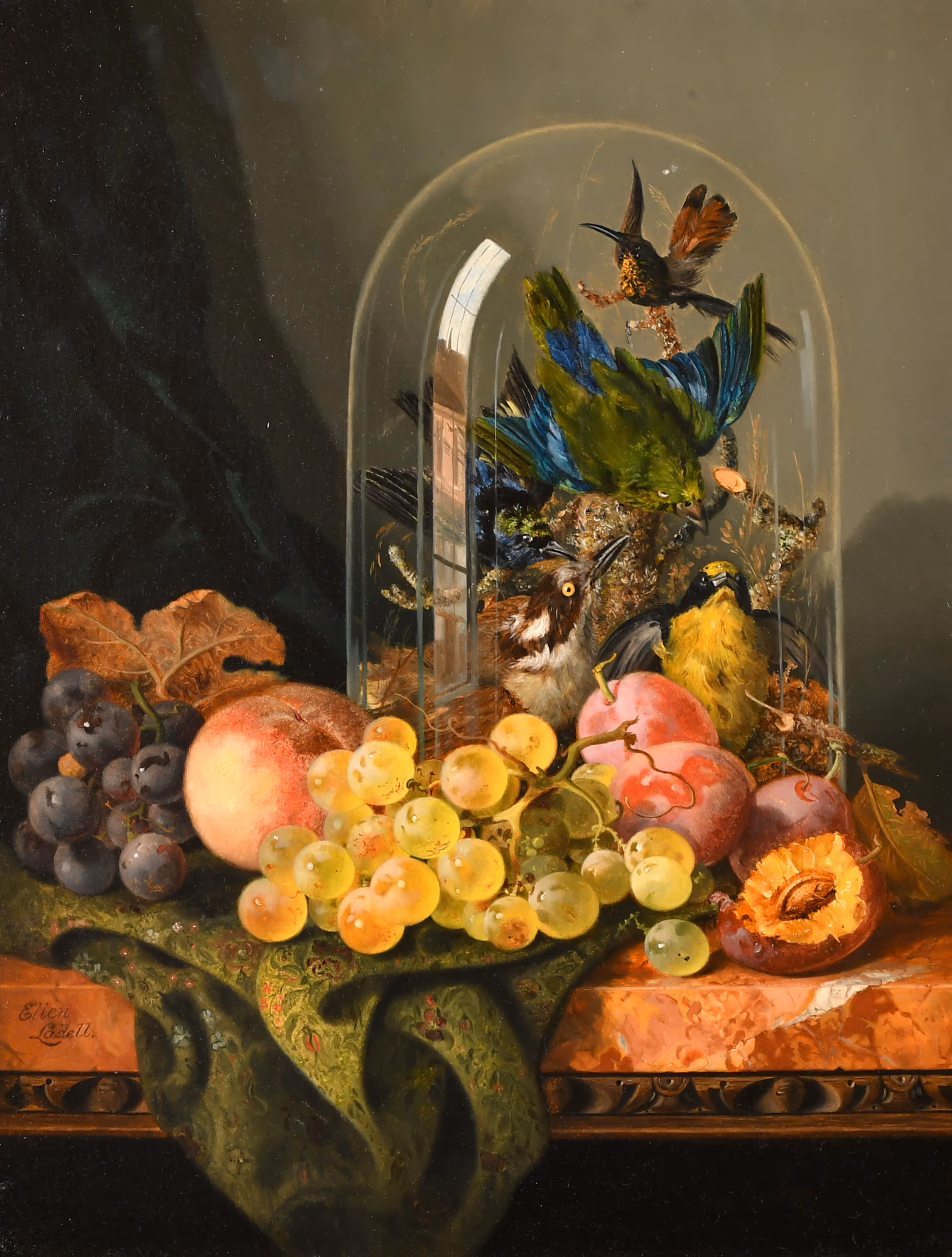 Lot 81: Ellen Maria Ladell. Still life of Fruit, with a domed glass taxidermy of birds. Est: £1200-£1800