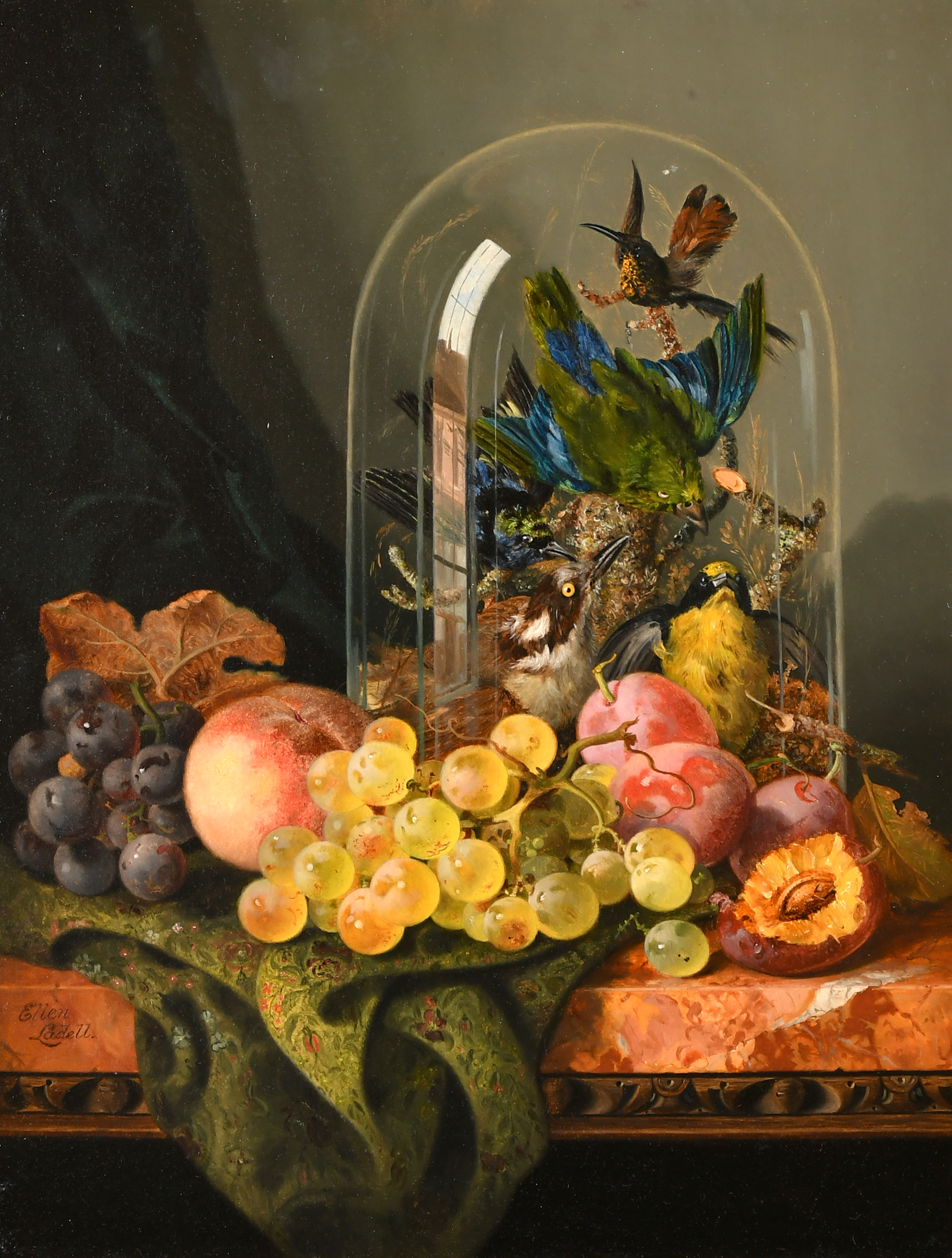 Lot 81: Ellen Maria Ladell. Still life of Fruit, with a domed glass taxidermy of birds. Est: £1200-£1800