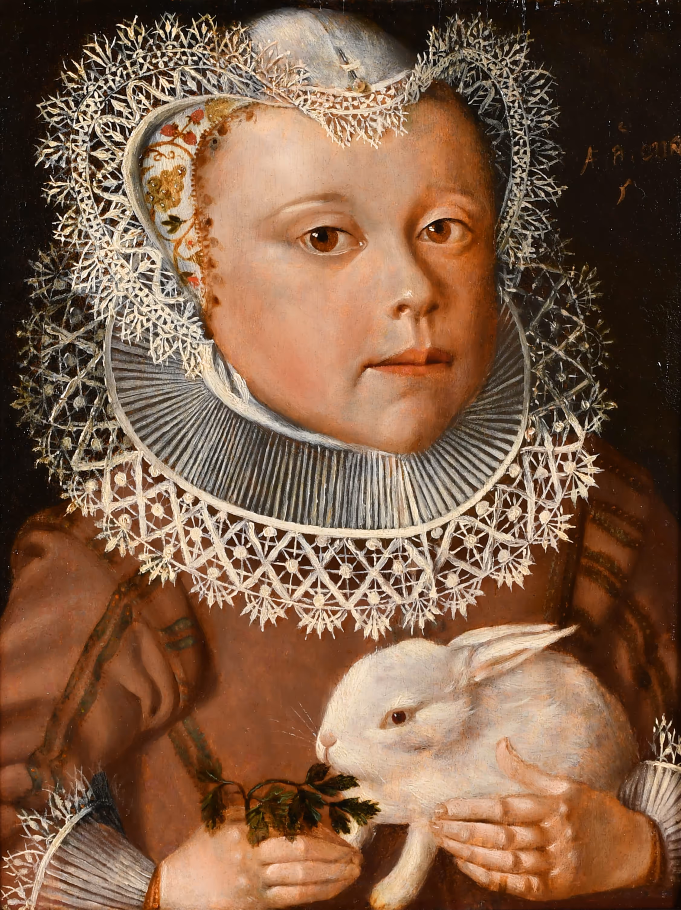 Lot 50: Circle of Marcus Gheeraerts the Younger. Portrait of a 5 year old Girl, feeding a white rabbit. Estimate: £25,000-£35,000