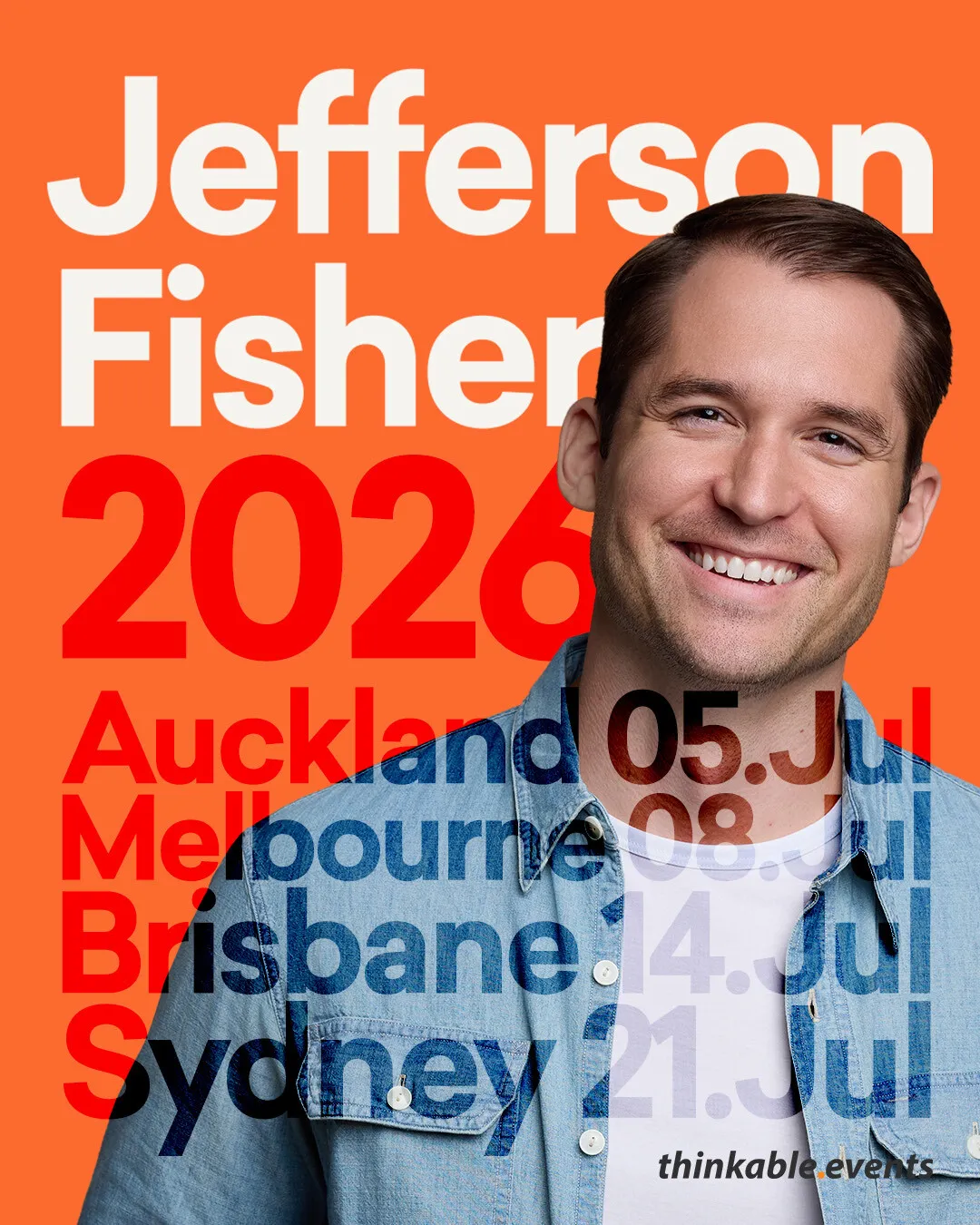 Smiling man in a denim shirt against an orange background with text announcing Jefferson Fisher 2026 tour dates in Auckland, Melbourne, Brisbane, and Sydney.