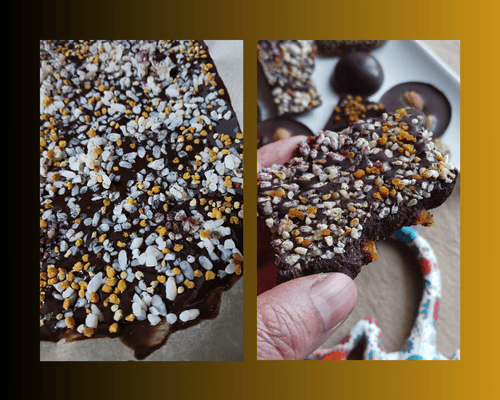 Morceau de chocolat cru au koji de riz, aux pollens d'abeilles noires des Pyrénées et à la poudre de Bissap