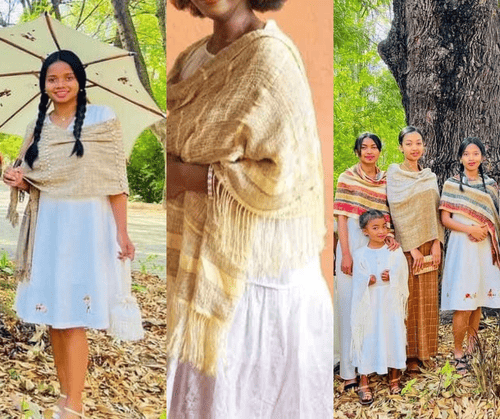 Lamba en soie sauvage de Madagascar porté par des femmes des Hauts Plateaux