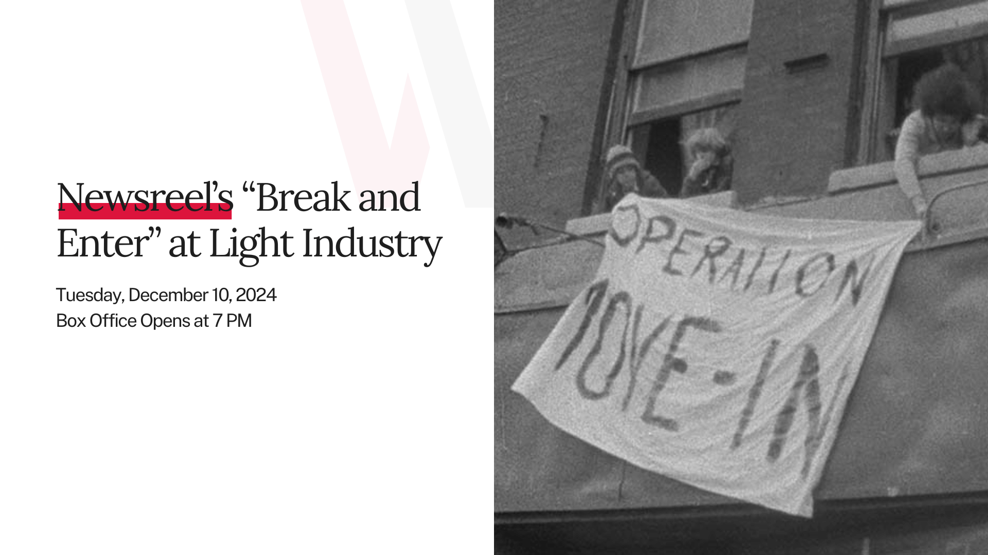 Promotional Graphic for Film Screening Features three people holding a banner that reads Operation Move-In