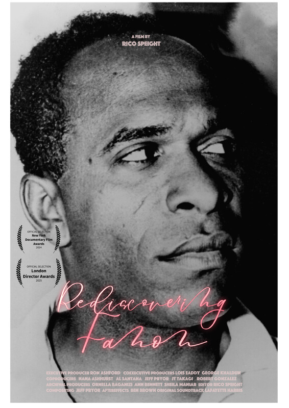 "Rediscovering Fanon" film poster with black and white picture of Fanon