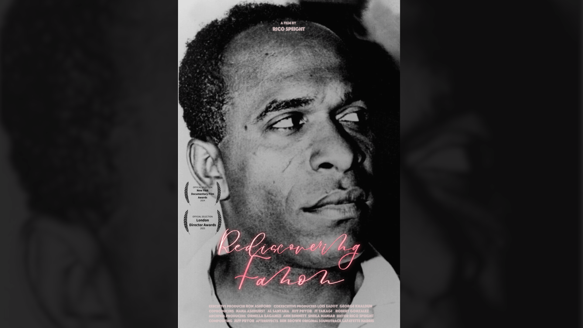 "Rediscovering Fanon" film poster with black and white picture of Fanon
